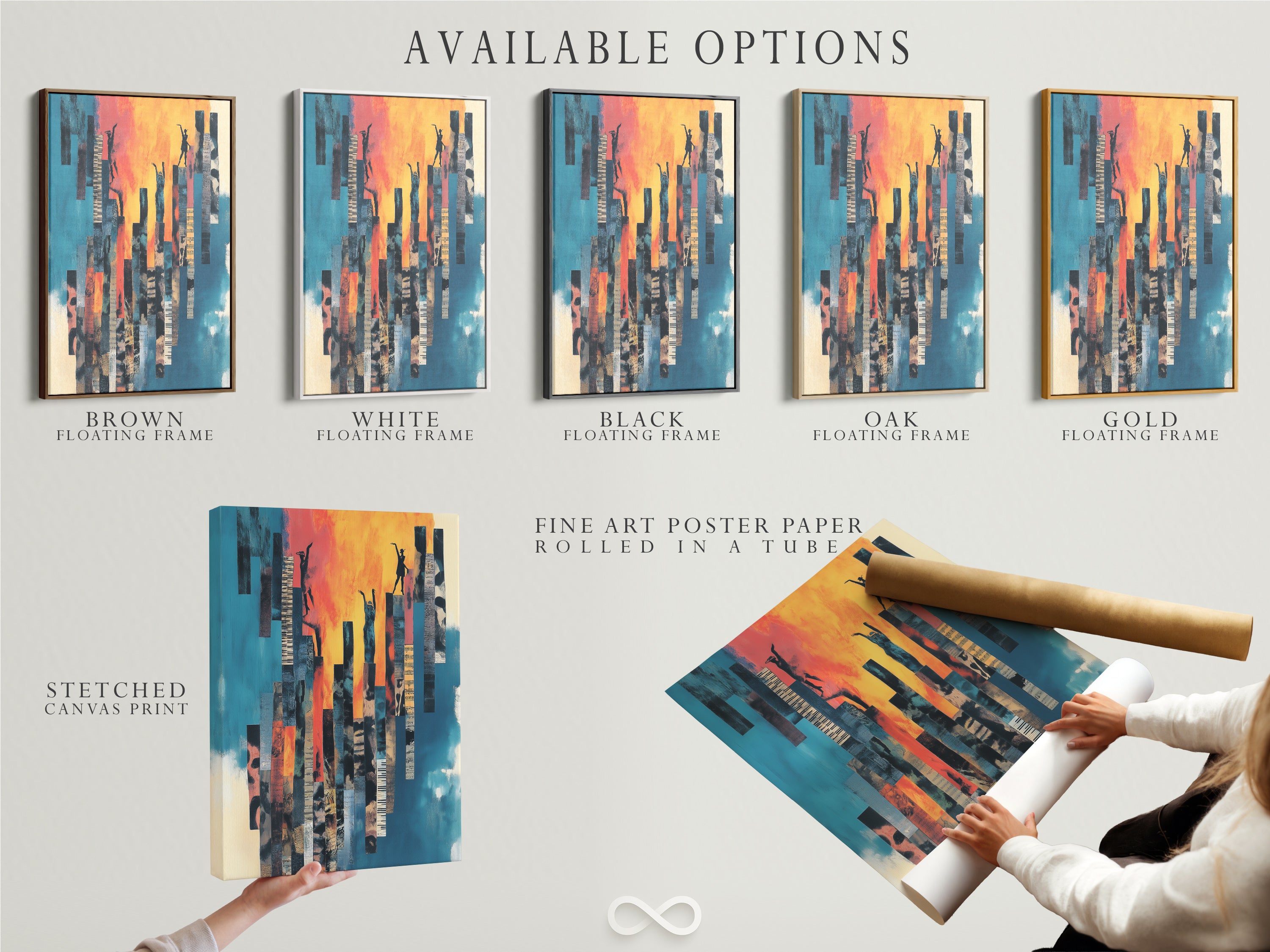 Available options for abstract figure artwork. Choose from stretched canvas prints fine art poster paper or floating frames. Modern musical art to suit your style. Teal blue and orange artwork for any space. Elevate your studio decor with these versatile options. Find the perfect format for your inspiring artwork today.