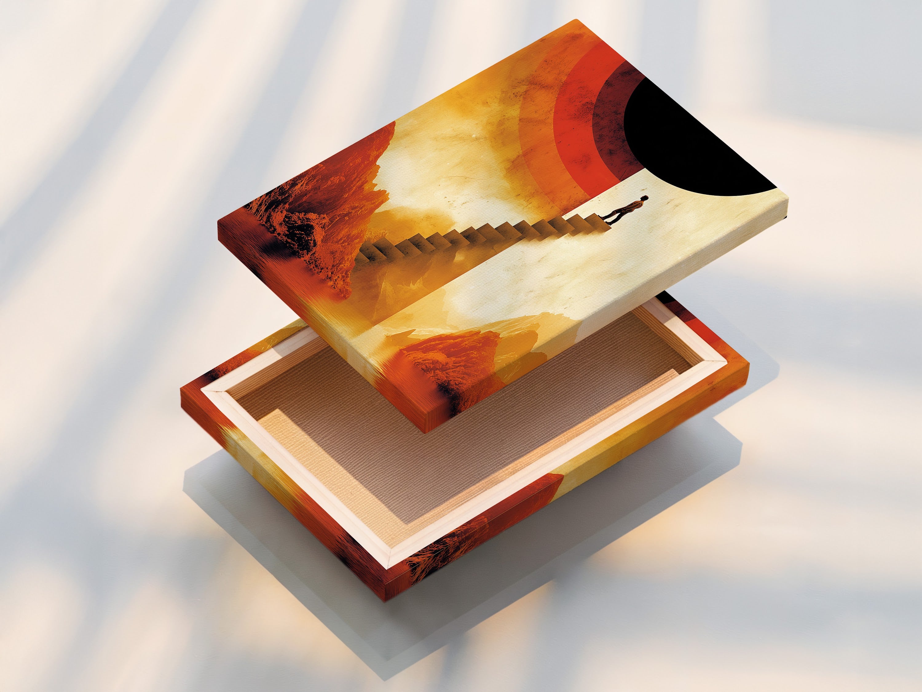 A stretched canvas print of a surreal stairway artwork. Abstract mountain landscape art in warm earth tones. The stretched canvas provides a clean modern look. Ideal for adding a sophisticated touch to your home or office. A contemporary print.