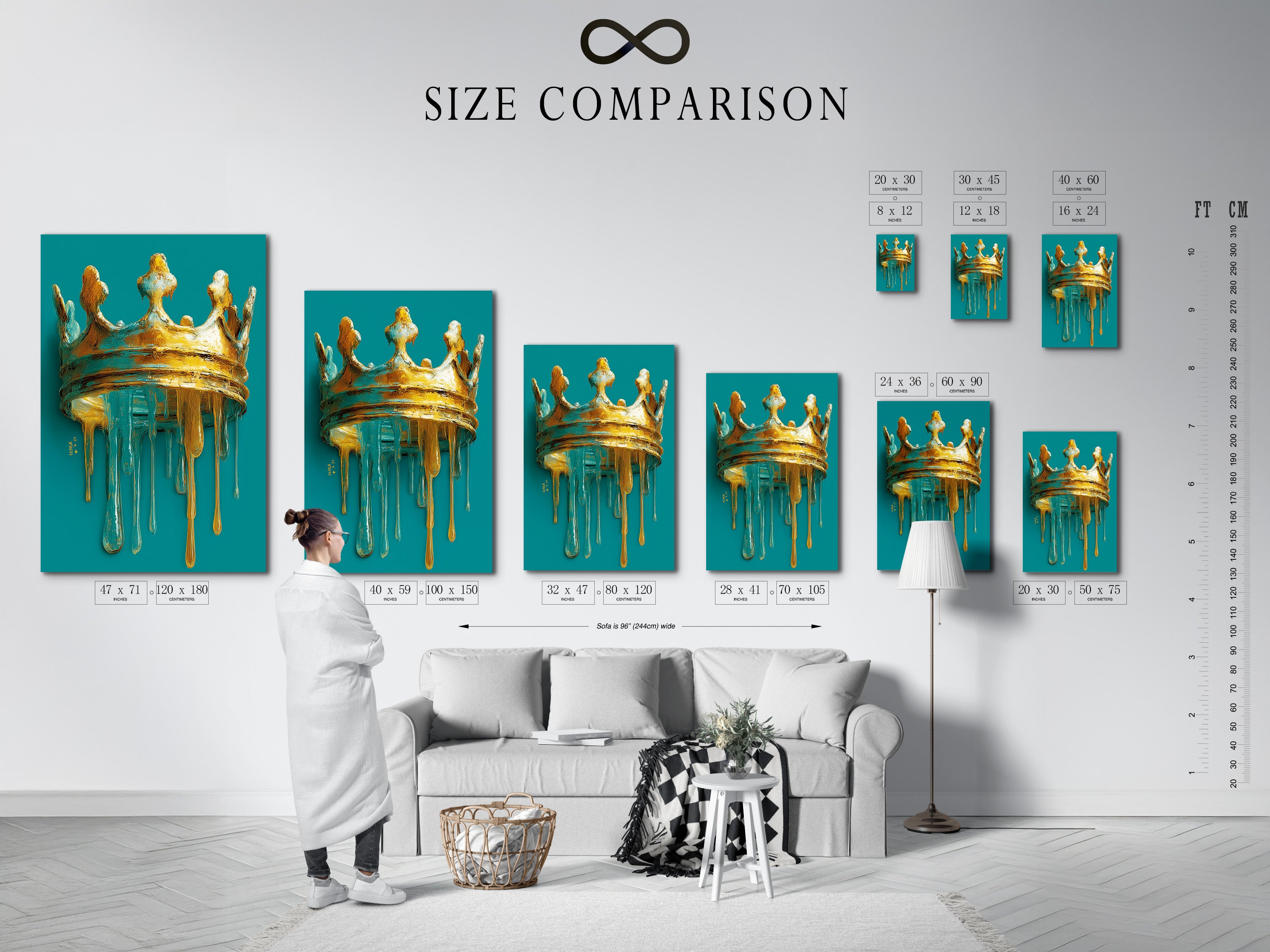 Size comparison chart in an interior setting. The chart shows different sizes of art prints. You can visualize how each size will look in your home. Consider the wall space and furniture when choosing a size. Find the perfect fit for your room.