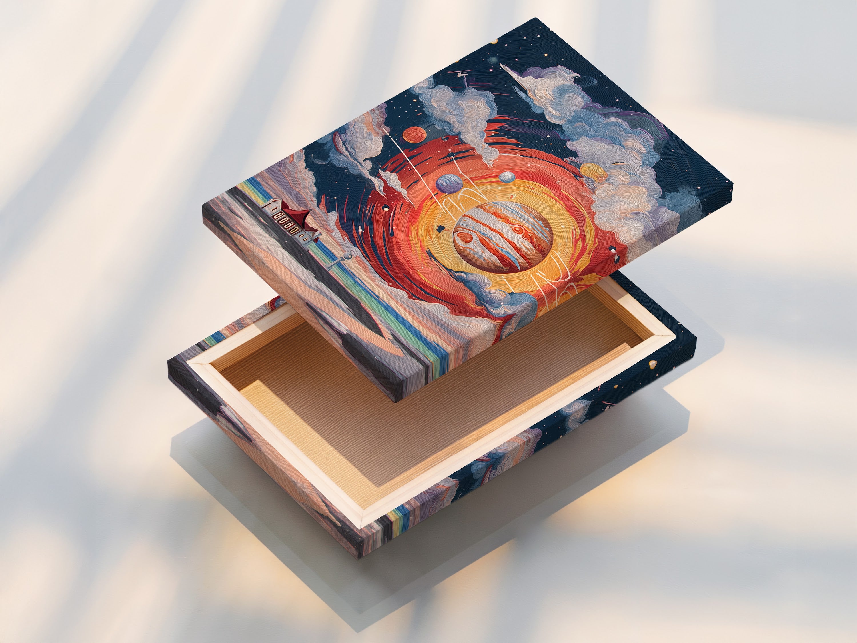 This is a stretched canvas print featuring cosmic lighthouse artwork. The space art is ready to hang and admire. This solar system poster adds a contemporary touch to your wall decor.