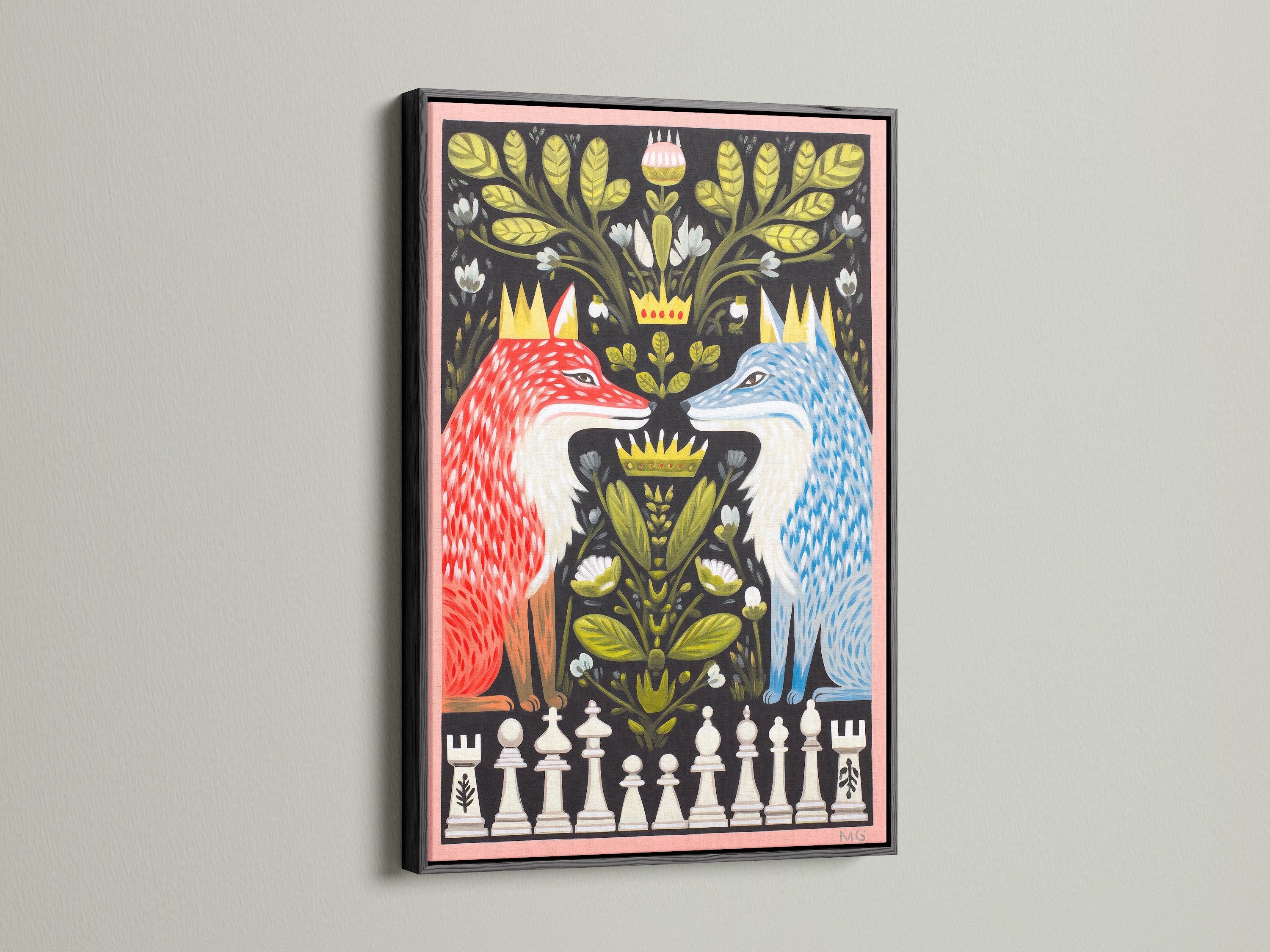 See the Fox Chess artwork presented in a black frame. This contemporary animal wall art is truly stunning. It brings sophistication to your decor. The chess print is ideal for game rooms. Add a unique touch to your office. This artwork is a conversation starter.