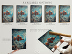 Available options for the clownfish art piece. Choose from stretched canvas print fine art poster paper or a floating frame. The art shows the clownfish smoking a cigar underwater. Customize the artwork to your preference. Create a unique piece. Perfect addition