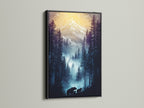 The Bear Family Canvas Print is displayed in a black frame. This nature landscape artwork offers a striking contrast. It enhances rustic and modern interiors. The forest canvas adds a touch of wilderness.