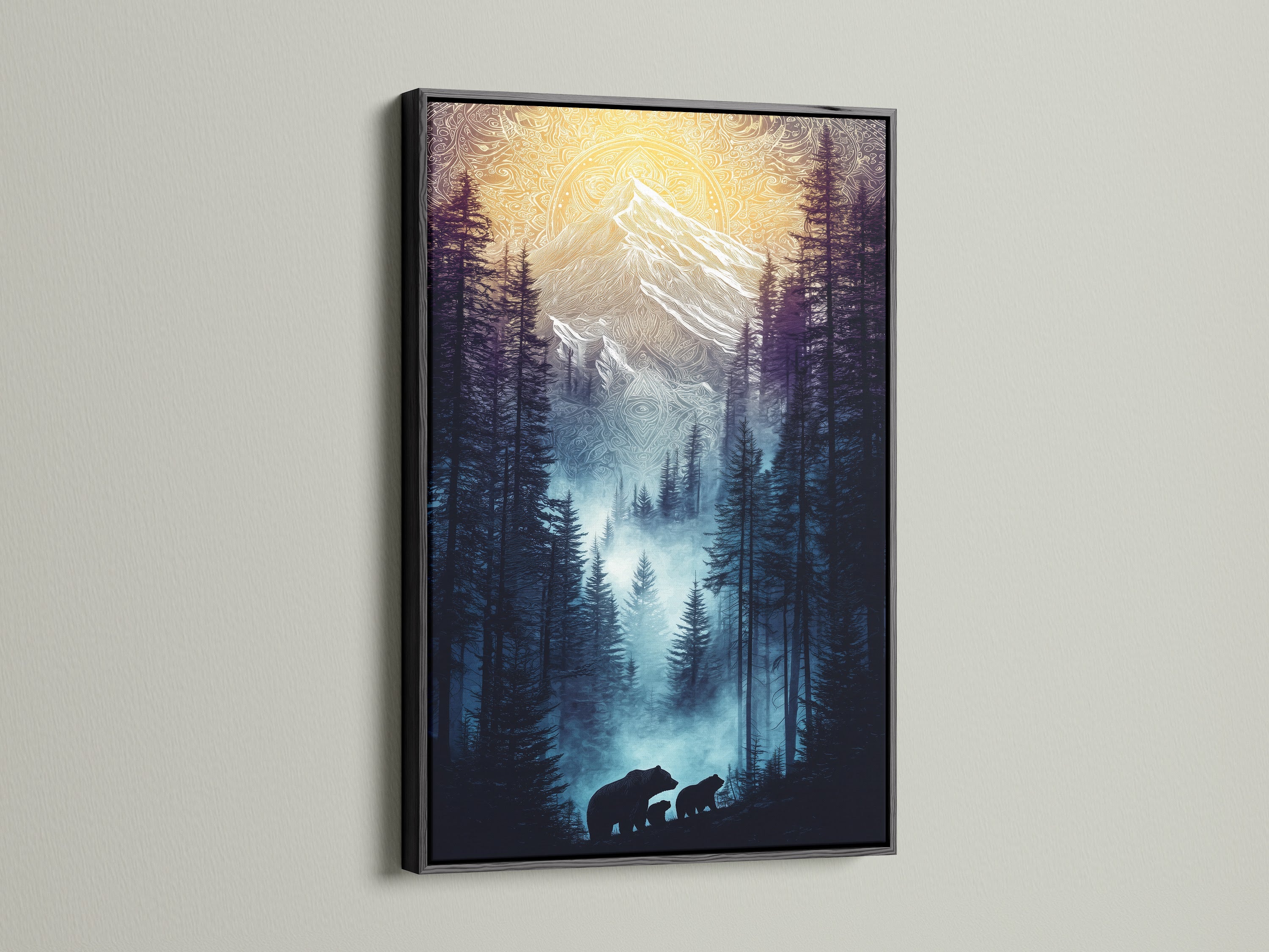 The Bear Family Canvas Print is displayed in a black frame. This nature landscape artwork offers a striking contrast. It enhances rustic and modern interiors. The forest canvas adds a touch of wilderness.