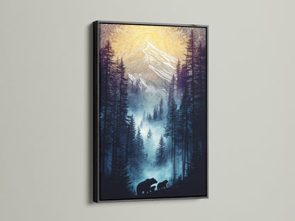 The Bear Family Canvas Print is displayed in a black frame. This nature landscape artwork offers a striking contrast. It enhances rustic and modern interiors. The forest canvas adds a touch of wilderness.