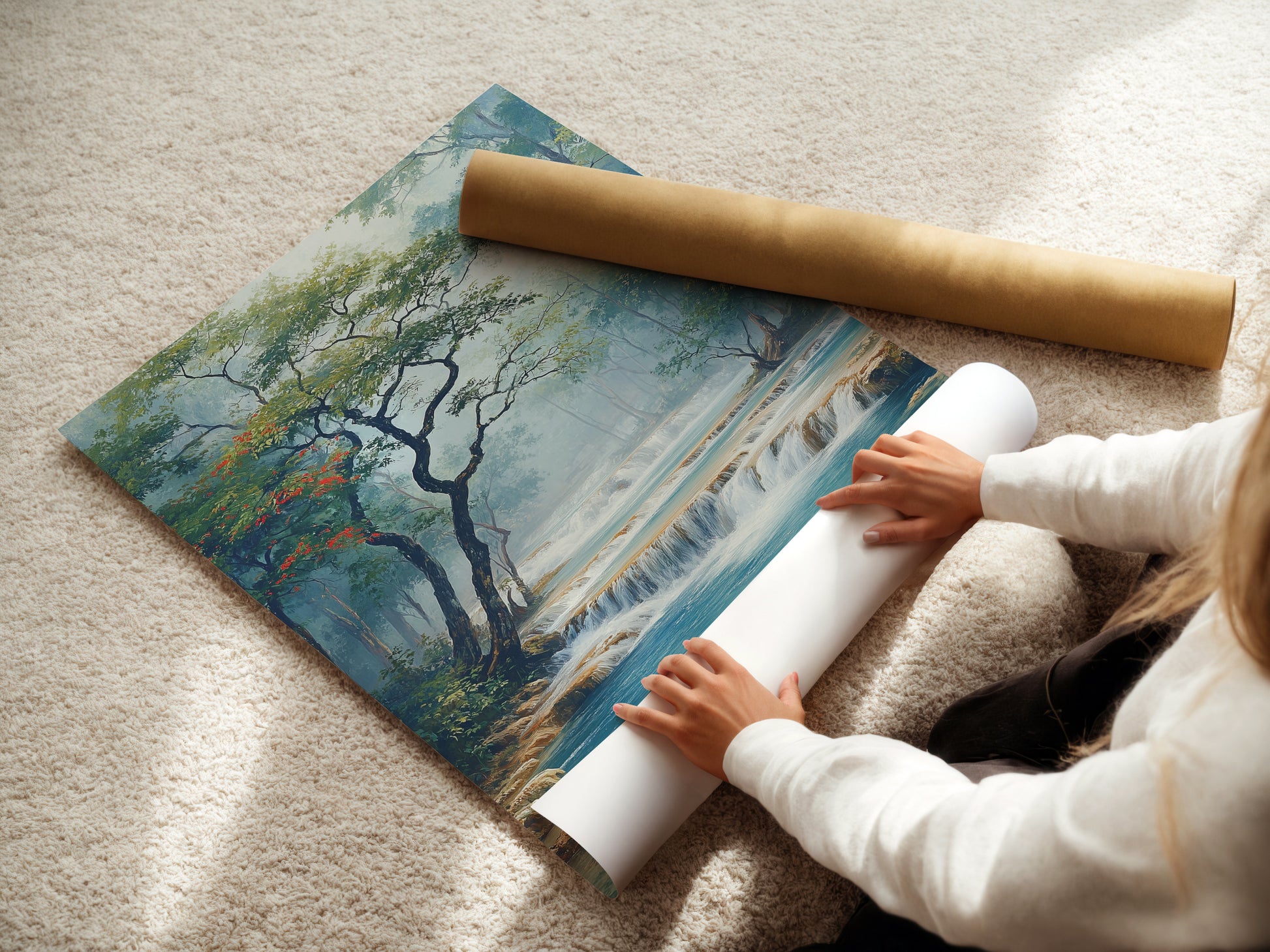 A woman is carefully rolling a fine art poster paper. The poster features a serene waterfall. The artwork is ready to be framed or displayed. Perfect for adding calming artwork to your space.