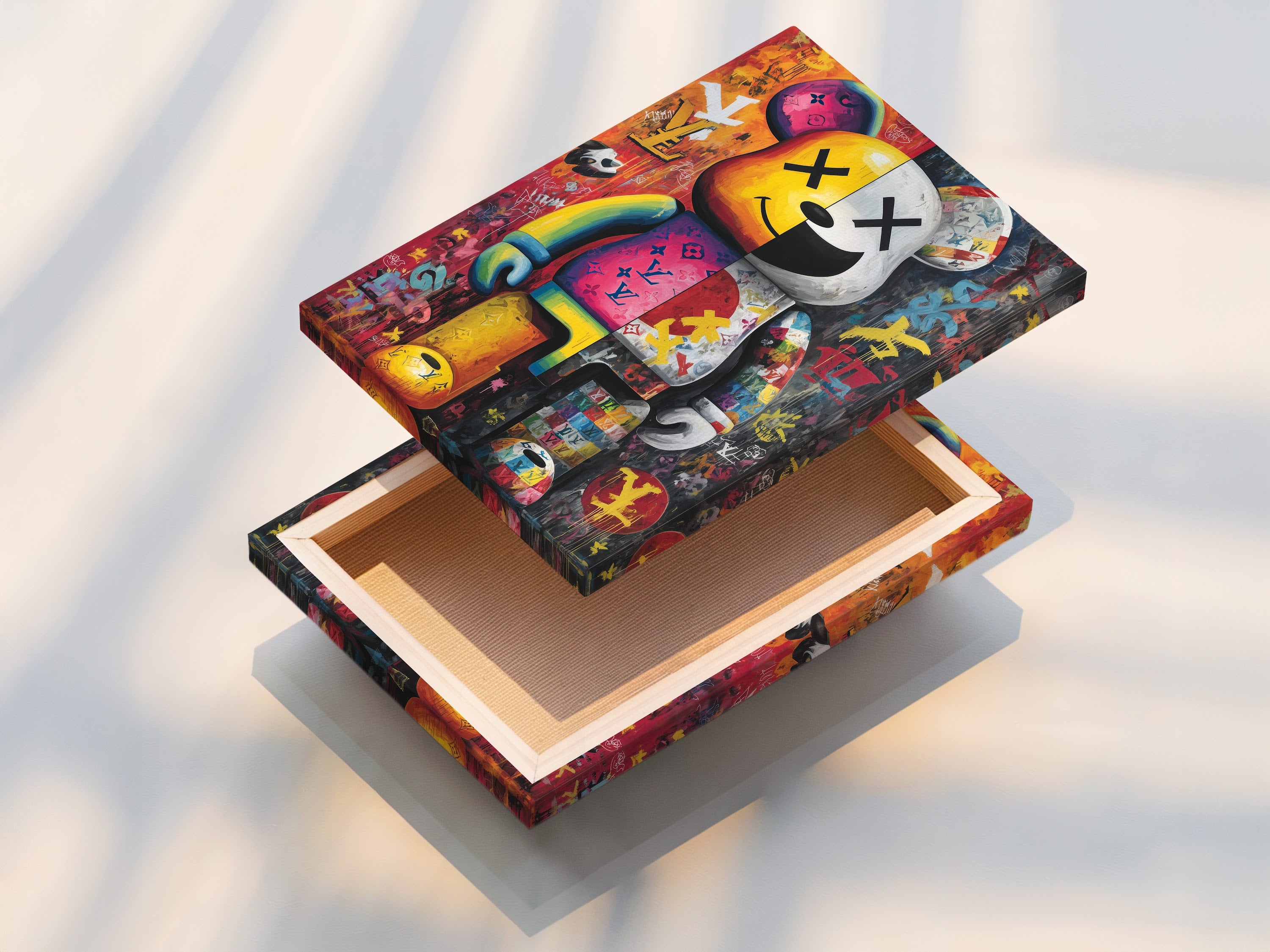 A stretched canvas print of Kaws Companion art. The colorful bear character is ready to hang. This pop art canvas adds a vibrant touch. Great for urban art print enthusiasts and collectors alike.