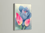 A pink and blue lotus flower artwork in a white frame is mounted on a white wall. White frames offer a clean modern look for floral artwork. Enhance your bedroom or living room with this botanical print. Find your perfect piece today