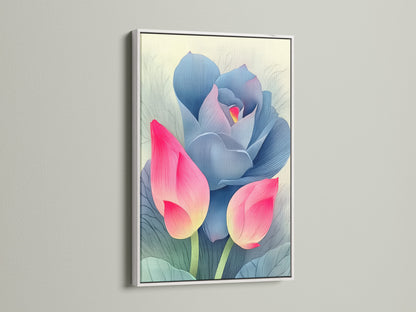 A pink and blue lotus flower artwork in a white frame is mounted on a white wall. White frames offer a clean modern look for floral artwork. Enhance your bedroom or living room with this botanical print. Find your perfect piece today