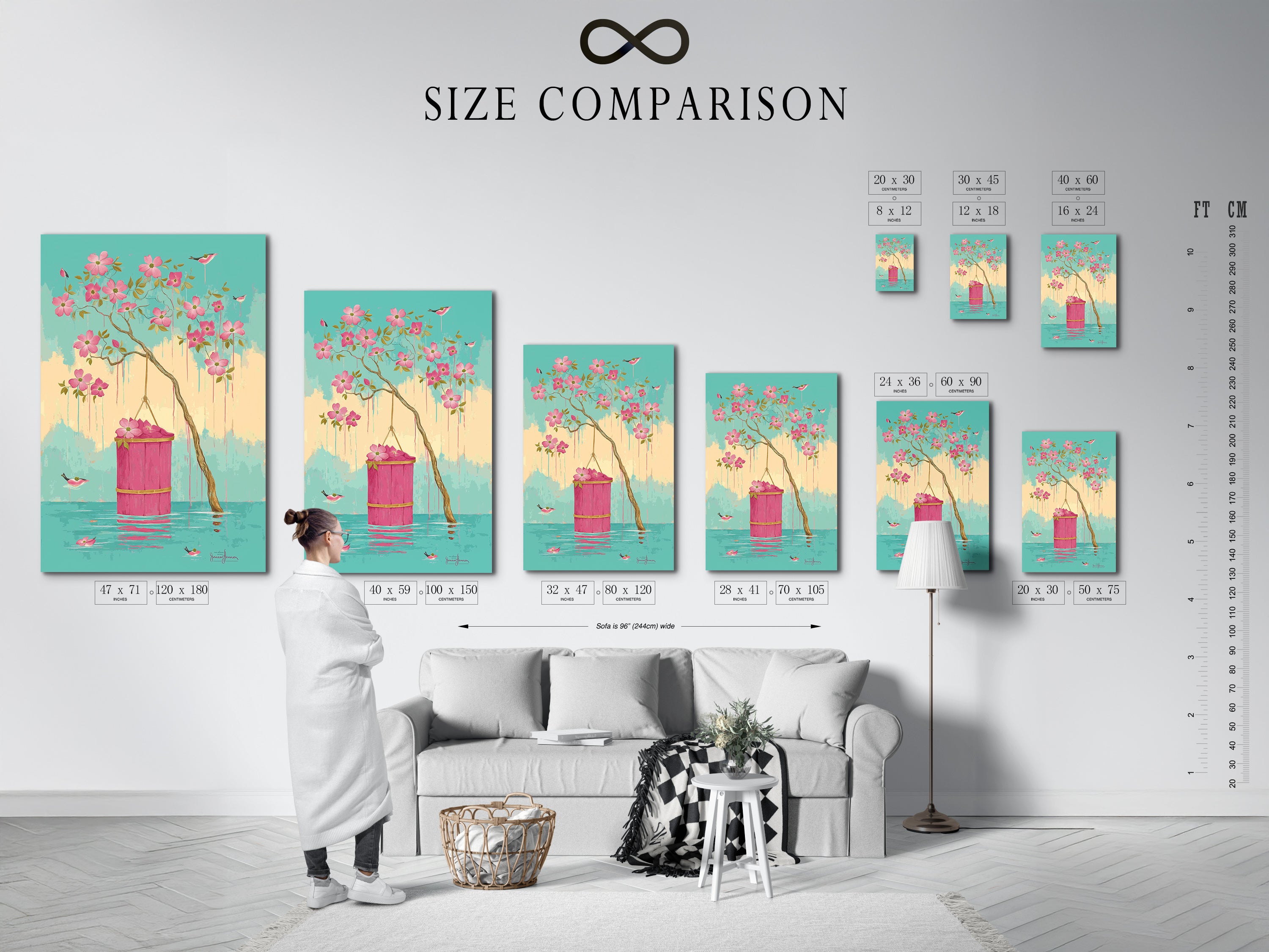 The size comparison chart shows the floral blossom artwork in various dimensions. This helps you visualize the perfect fit for your space. The pink flowers and bird art will complement your decor.