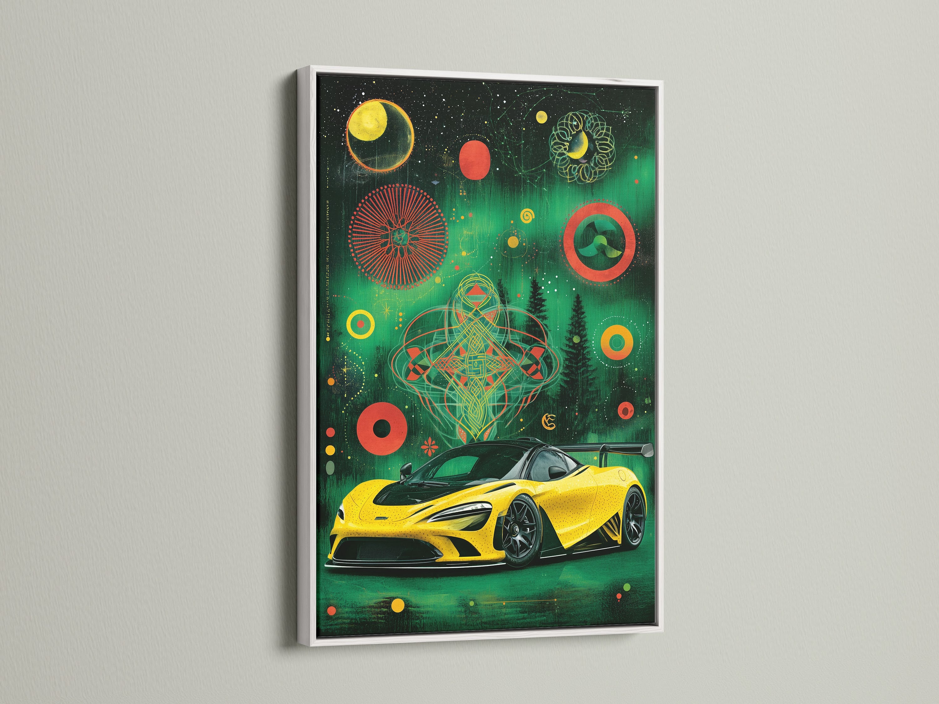 View a white framed sports car art print. The clean white frame highlights the yellow supercar poster. Cosmic geometric wall art brightens any space. Ideal for man cave decor or garage wall art. See how a white frame elevates racing car art.