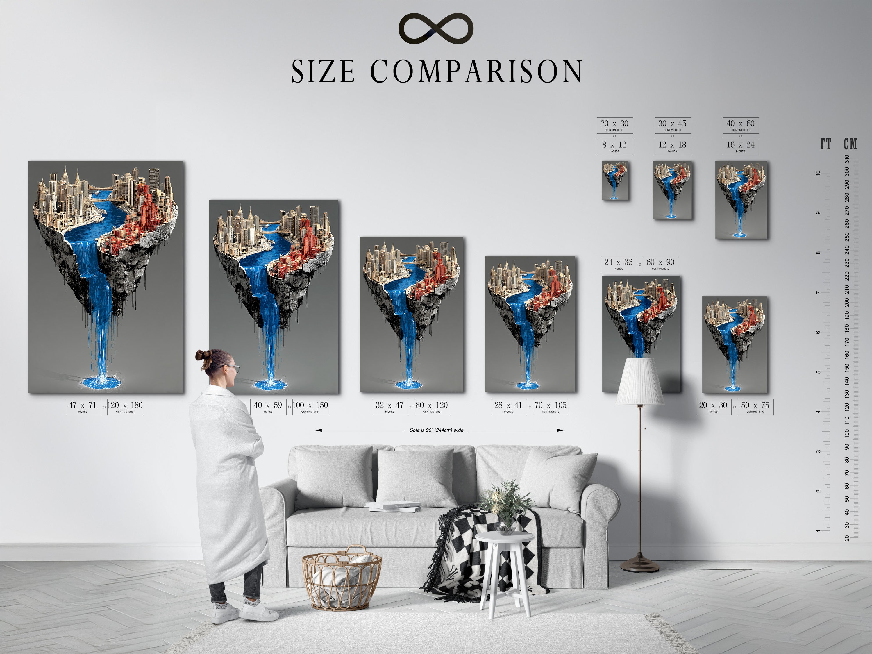 A size comparison chart is displayed in an interior setting. It showcases the surreal city waterfall artwork. This contemporary urban art enhances modern spaces. Different sizes are available for this floating island print. The architectural piece brings a touch of fantasy. Find the perfect fit for your decor.