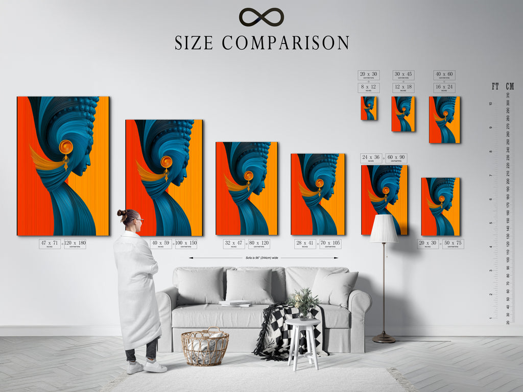 An interior setting displays a size comparison chart. Visualize the abstract woman artwork. See how the teal and orange print fits in various dimensions. This helps homeowners renters and stylists select the perfect modern artwork for their spaces.