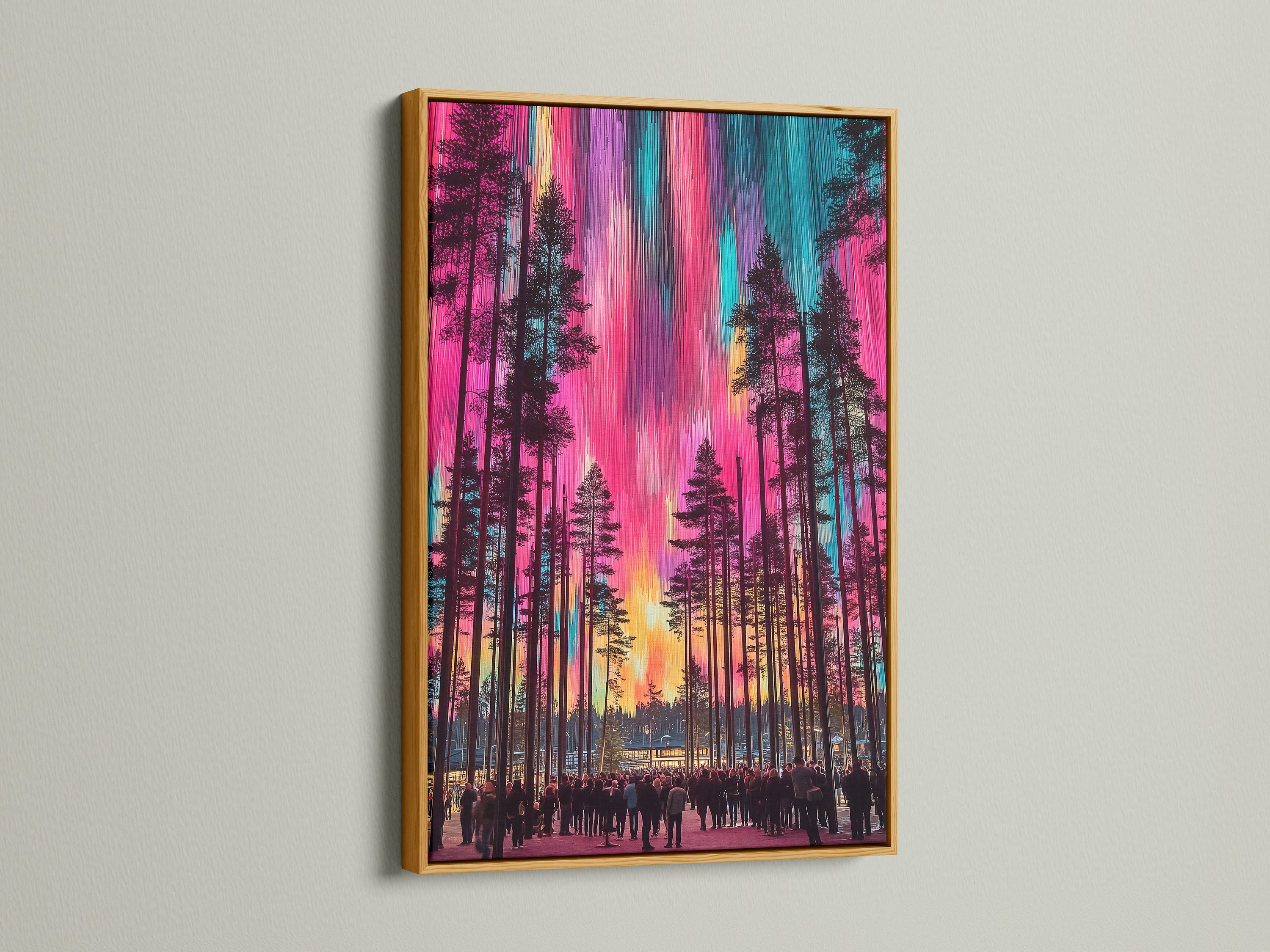 Aurora Borealis northern lights wall art in a gold frame. The artwork depicts a colorful forest under the aurora. This nature print is ideal for adding a luxurious touch to your home decor. A magical piece for any nature lover.
