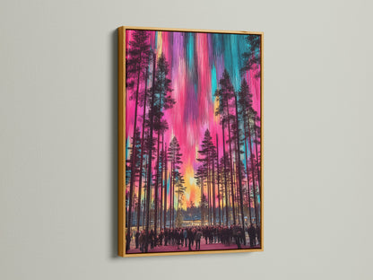 Aurora Borealis northern lights wall art in a gold frame. The artwork depicts a colorful forest under the aurora. This nature print is ideal for adding a luxurious touch to your home decor. A magical piece for any nature lover.