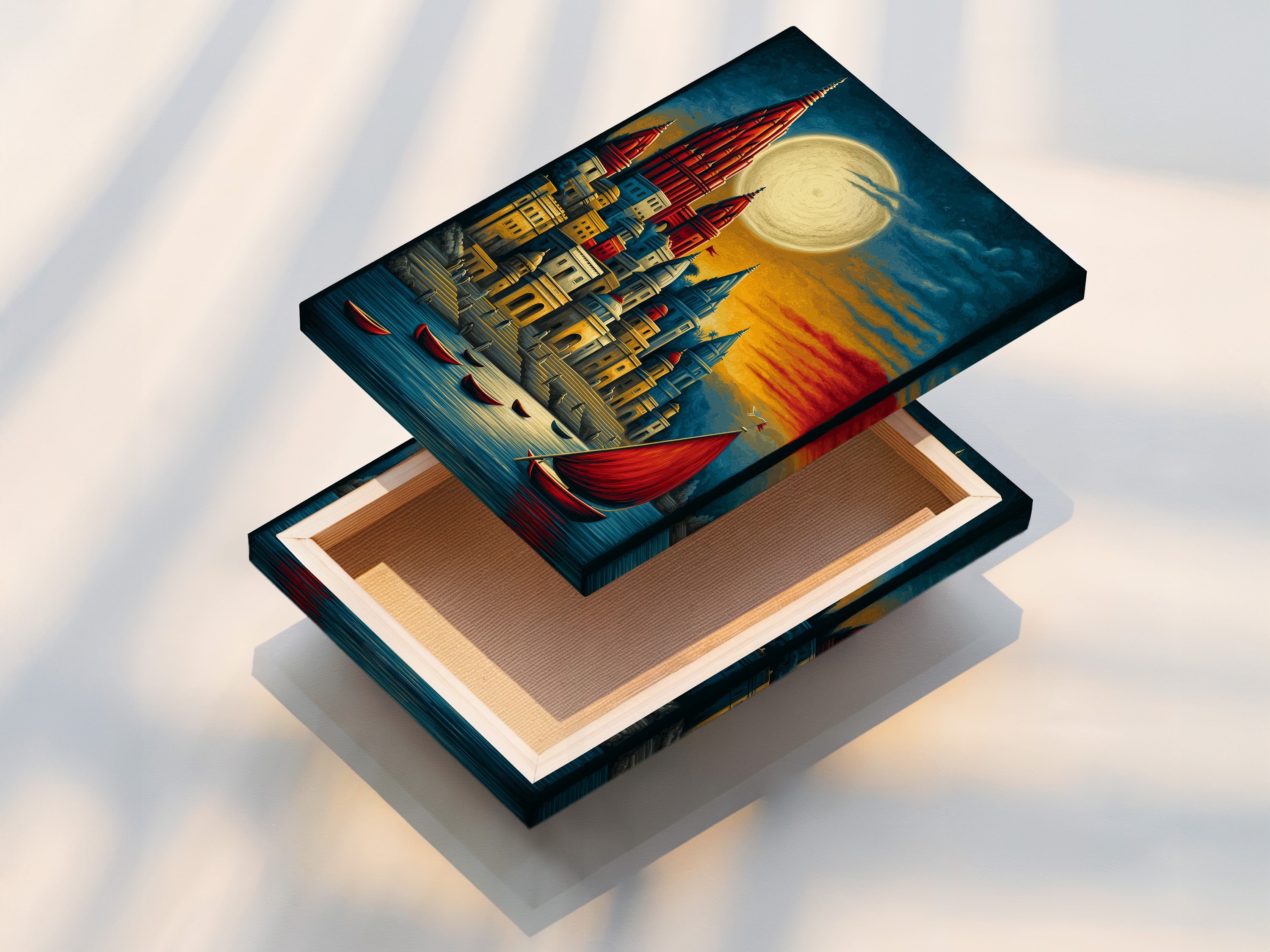 This is a stretched canvas print of a fantasy castle and moonlit harbor. The artwork is ready to hang. The red and gold colors bring warmth to any space. This piece is ideal for bohemian and eclectic styles. Consider this for your wall decor.