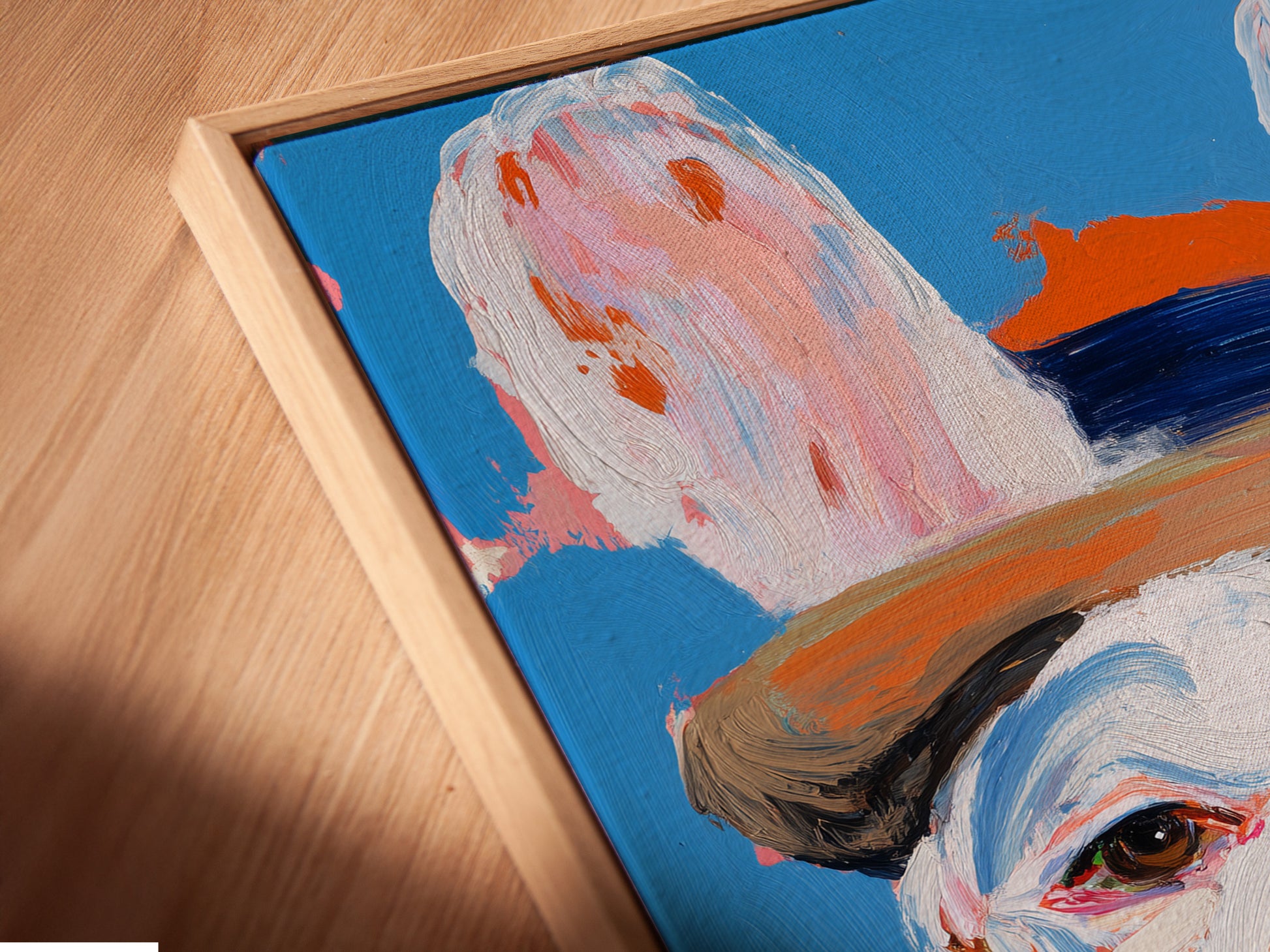 Close-up of a canvas print featuring a French Bulldog in a floating frame. The artwork features a cigar-smoking dog a quirky pet portrait ideal for man cave decor. The floating frame enhances the artwork's contemporary appeal.