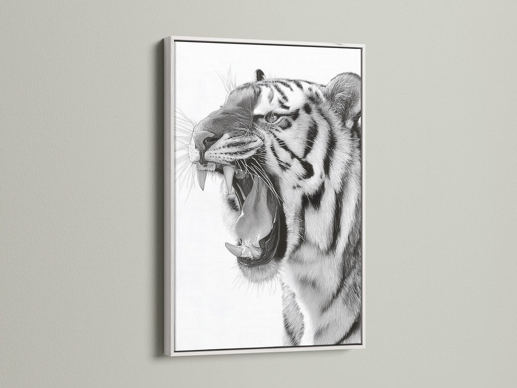 A white frame highlights the intricate details of the tiger art. The crisp white finish provides a clean modern look. It allows the artwork to take center stage. A versatile choice that brightens up any space. Add a touch of wild beauty to your home.