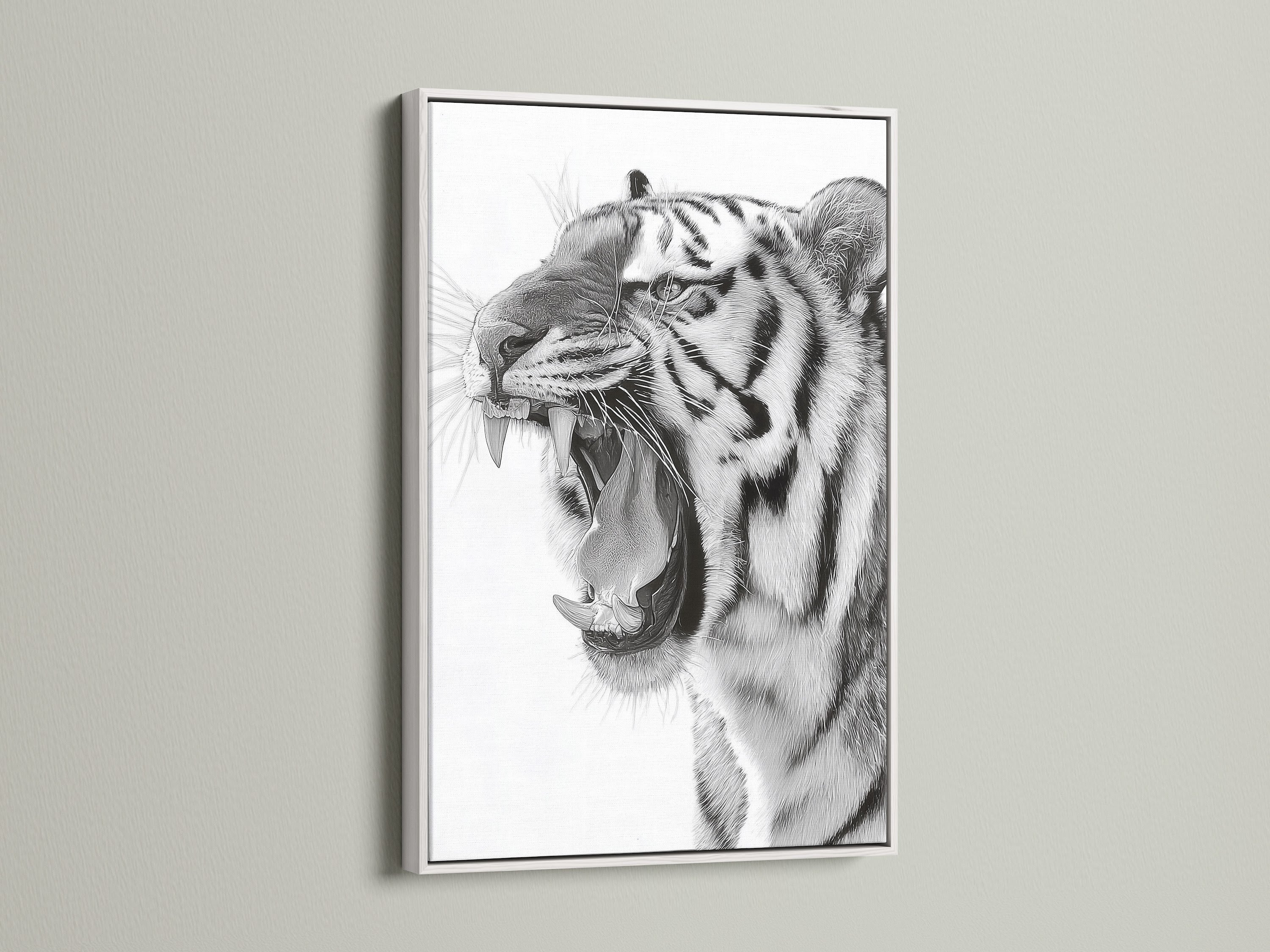 A white frame highlights the intricate details of the tiger art. The crisp white finish provides a clean modern look. It allows the artwork to take center stage. A versatile choice that brightens up any space. Add a touch of wild beauty to your home.