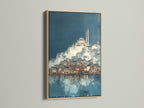 Istanbul Cityscape displayed in an oak frame. The frame enhances the waterfront art. Ideal for creating a coastal or tropical ambiance. The blue and beige tones complement any room's color scheme.