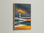 Lighthouse coastal art print in an oak frame. The neutral tone enhances this abstract nautical artwork. Perfect as modern wall art for any room. The seascape canvas brings a touch of the ocean view to your space. Add a calming piece to your home.
