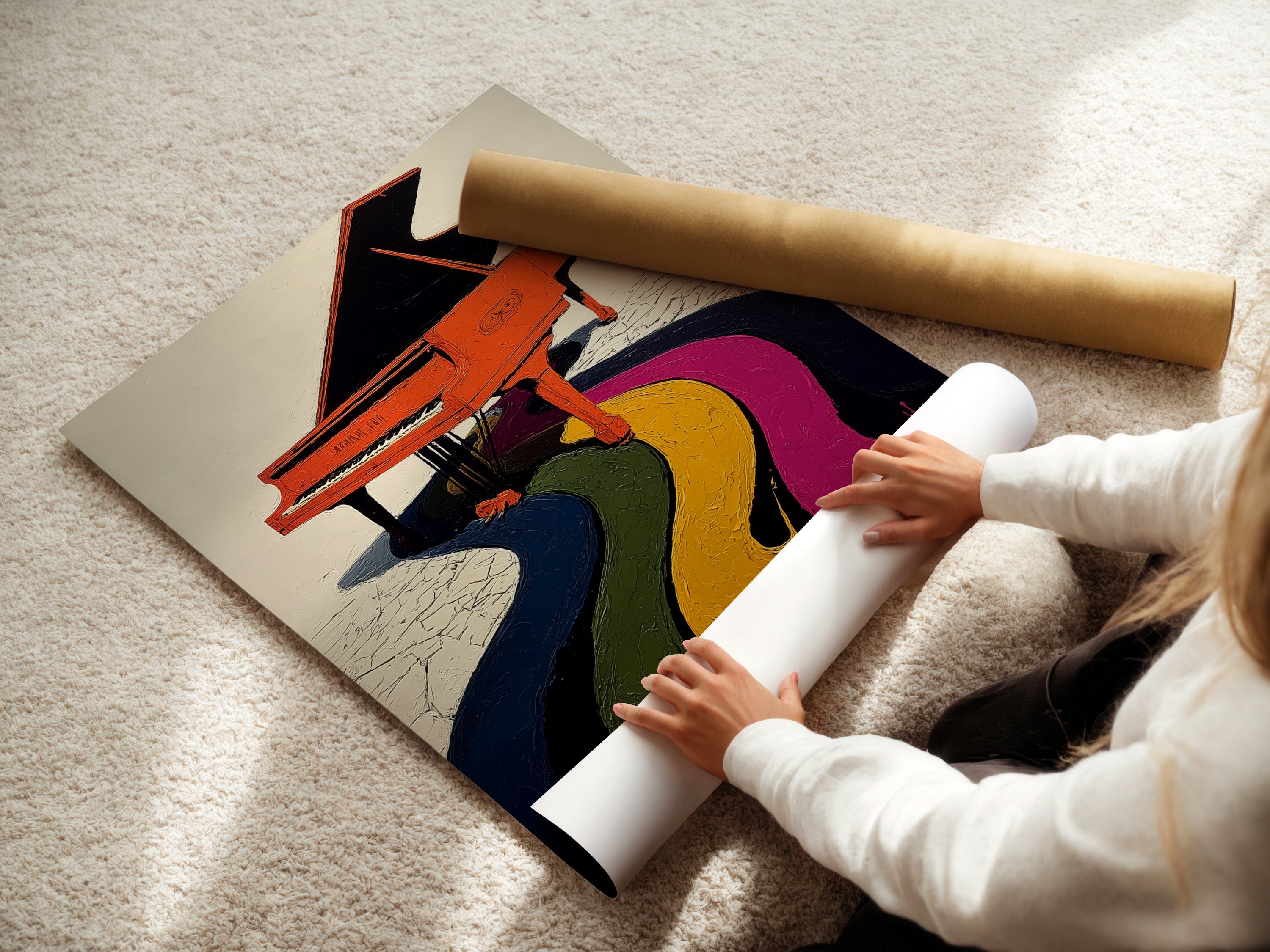 A woman is carefully rolling a fine art poster paper. The poster features a grand piano artwork. Rainbow music wall art in an eclectic style. Ideal for music room decor. A vibrant art print perfect for studio wall decor. It is a great gift for musicians.