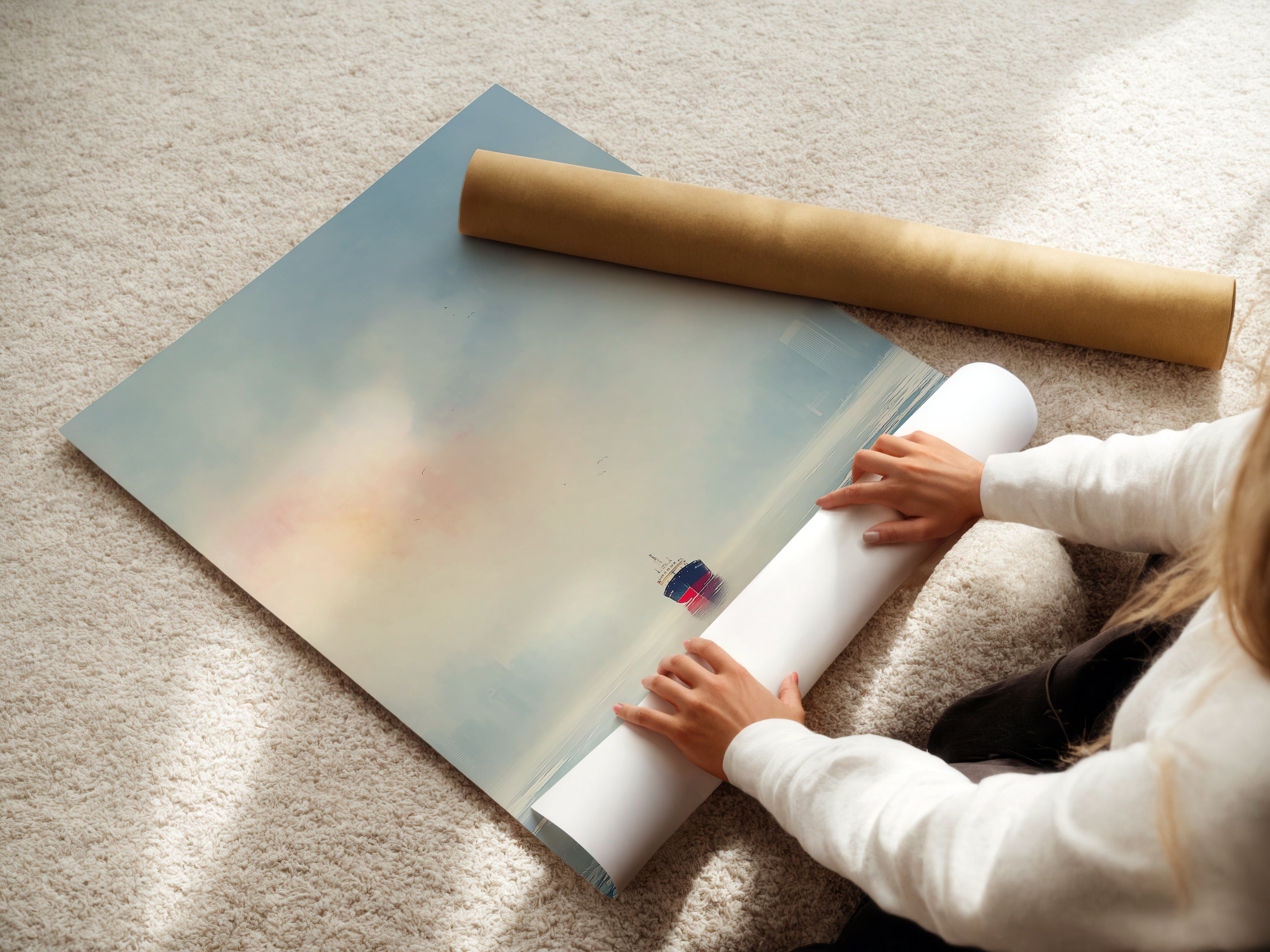 The image shows a woman carefully rolling a fine art poster paper print. The print features an ocean liner in a serene seascape. The fine art poster paper captures the details. This print is perfect for minimalist coastal or nautical themed spaces. Add a touch of sophistication to your home or office decor with this unmounted maritime artwork. It is ideal for studios or clinics