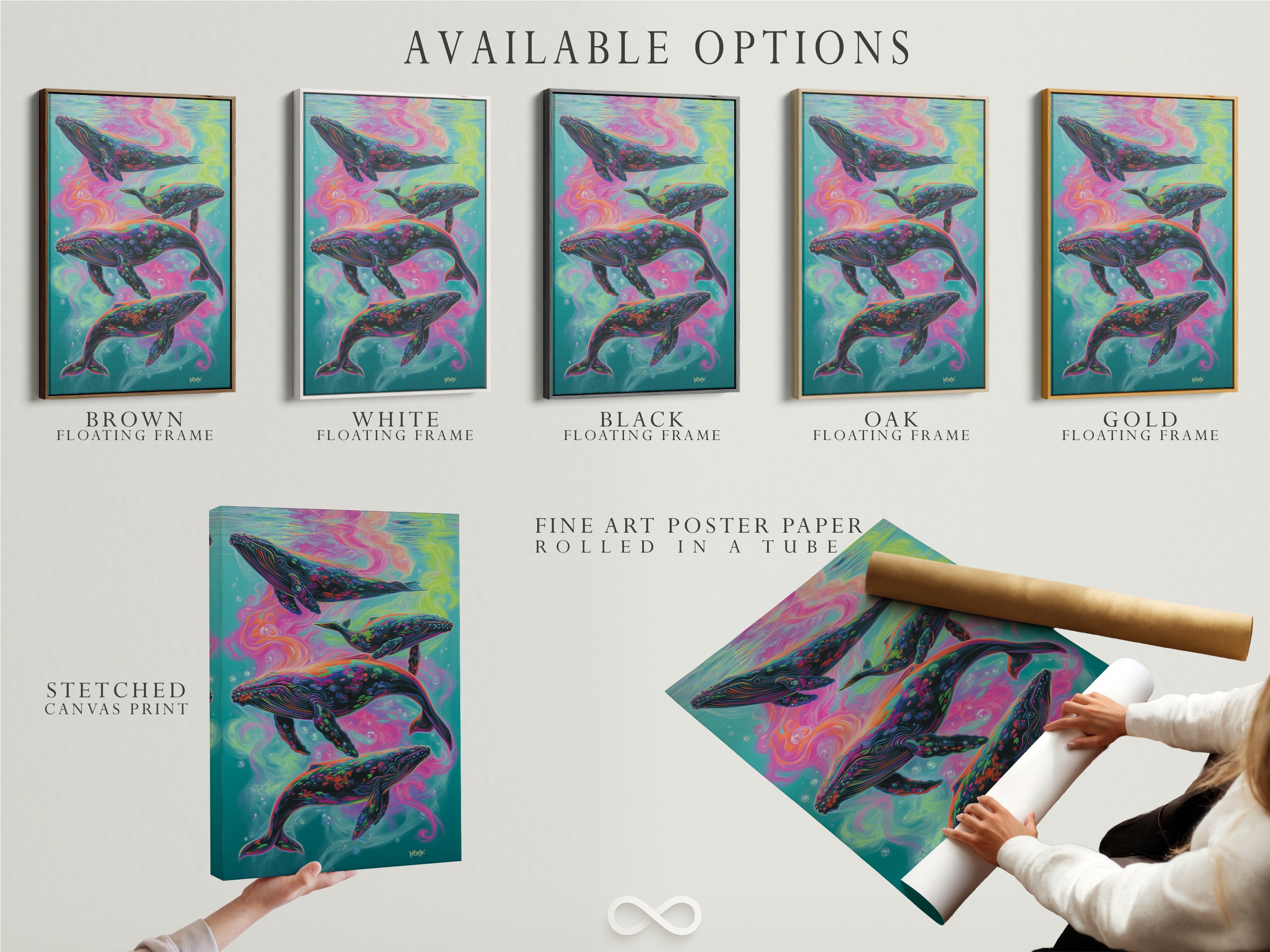 Explore the available options for our psychedelic ocean artwork featuring colorful whales. Choose from a stretched canvas print fine art poster paper or a floating frame. Each option enhances the vibrant marine life art. Ideal for bohemian and eclectic styles. A captivating piece for ocean and art enthusiasts.