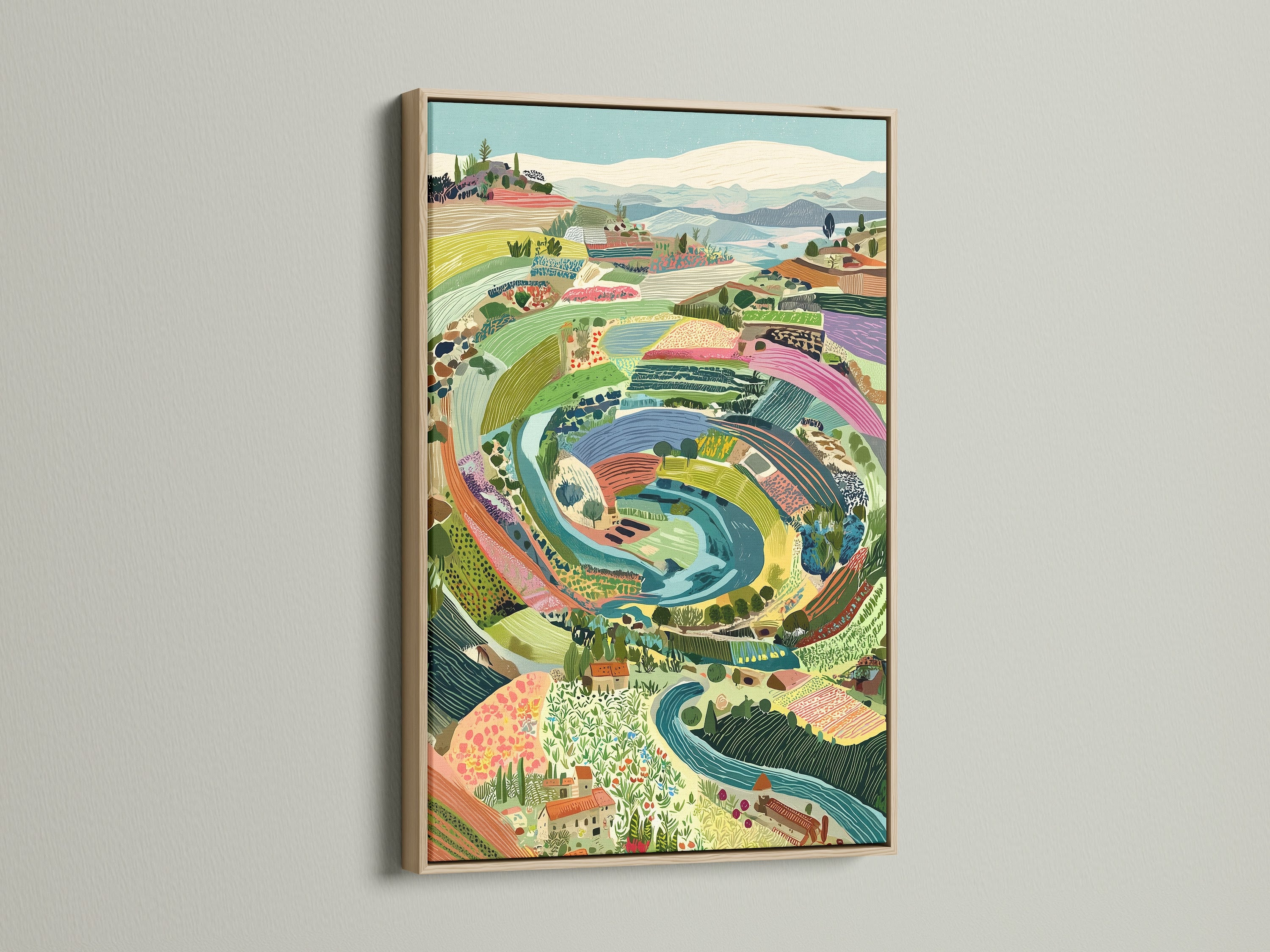 Italian Landscape artwork with a oak frame. This Tuscan countryside canvas enhances any room. It is ideal farmhouse wall art. The colorful artwork brings a touch of Italy to your kitchen or country wall.