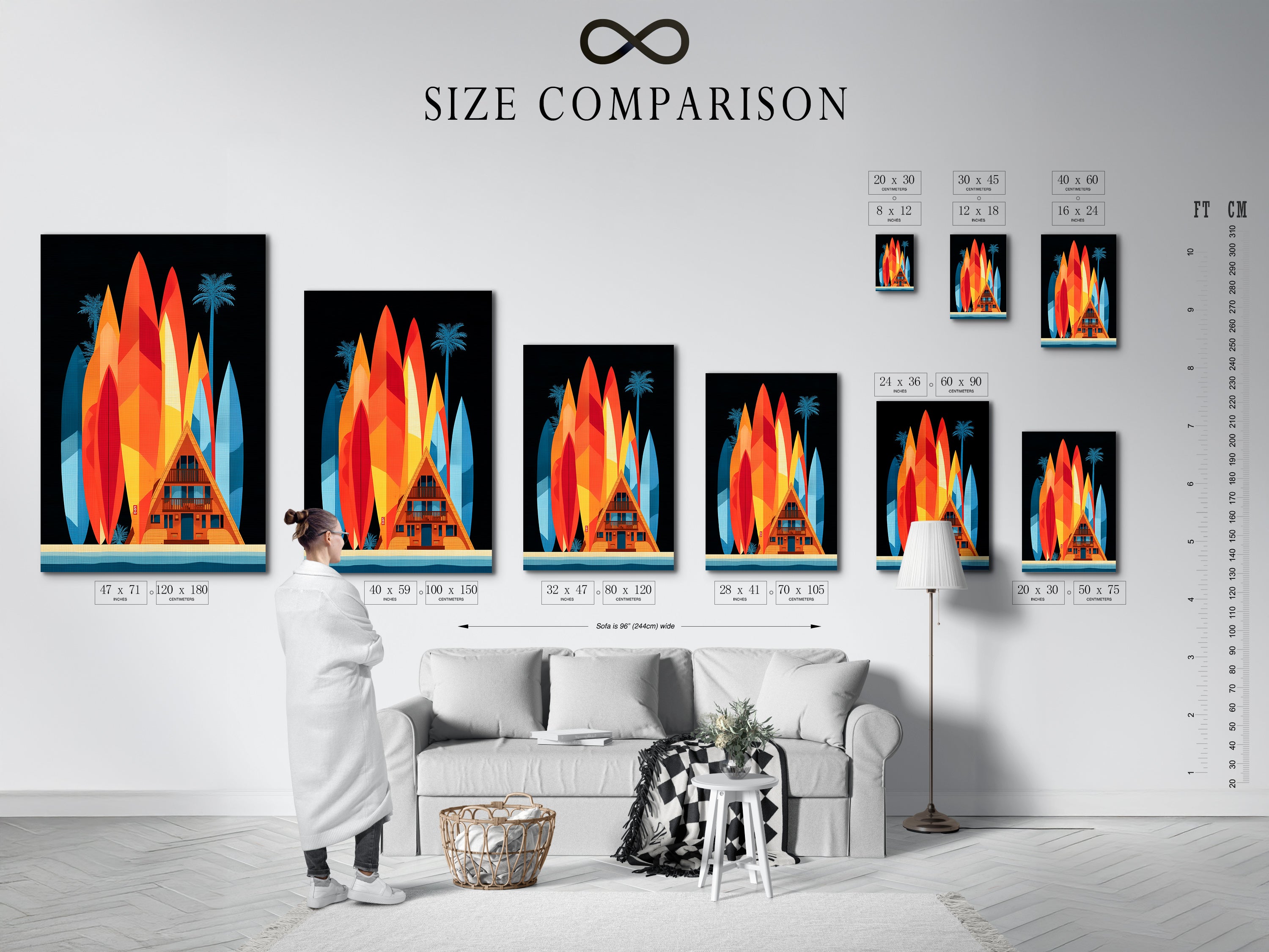 A size comparison chart displayed in an interior setting. Visualize the A-Frame house artwork in different sizes. Choose the perfect scale for your coastal art print. Find the ideal surfboard artwork for your home.