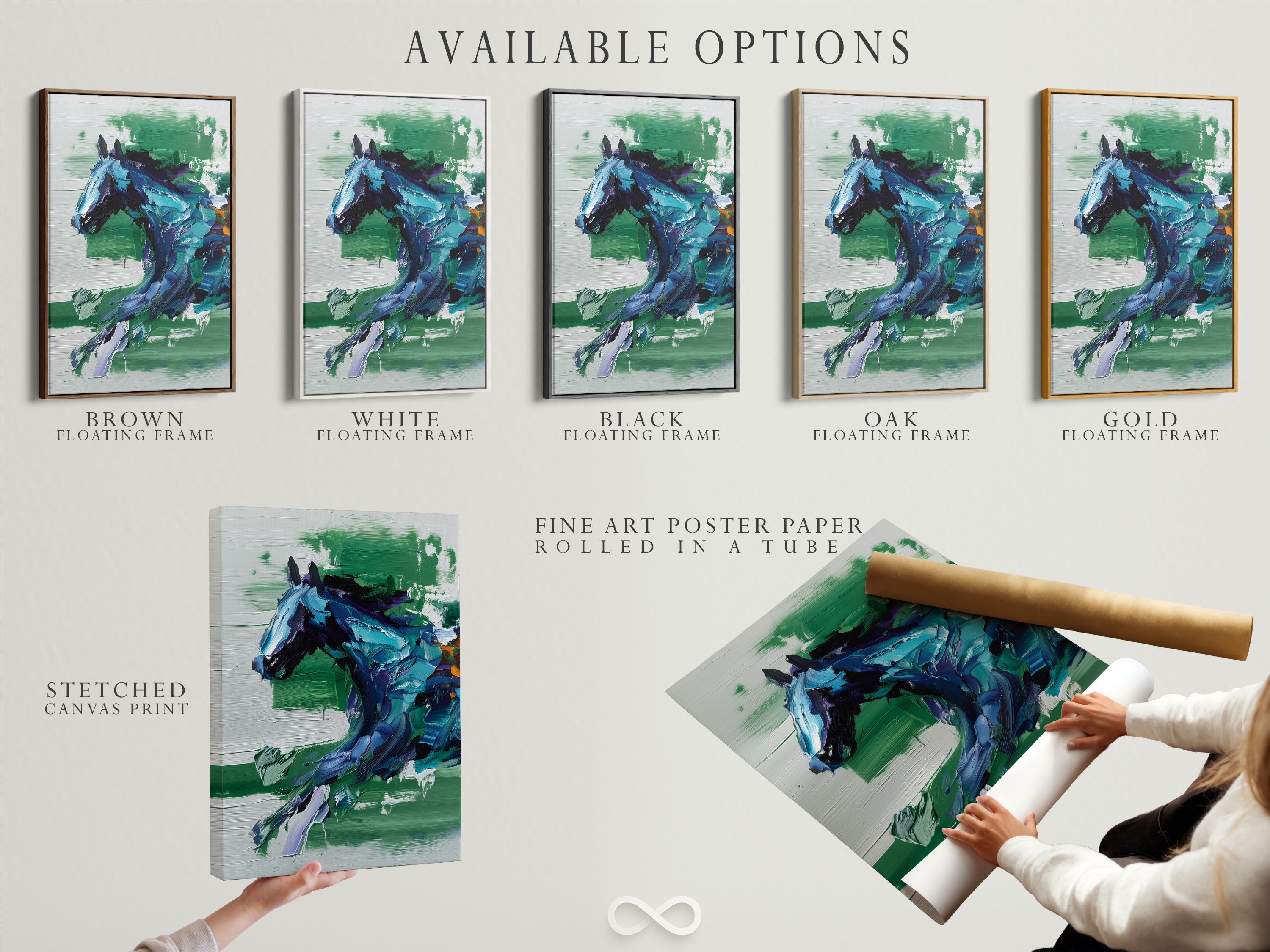 Explore available options for this abstract equestrian artwork. Choose from stretched canvas prints. Also available are fine art poster paper and floating frames. Customize your horse art print to suit your style.