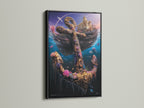 The underwater anchor artwork looks stunning in a black frame. The nautical print features a sunken ship and a golden anchor decorated with flowers and sea life. This ocean canvas art provides a bold and sophisticated statement. This anchor wall art is eye-catching.