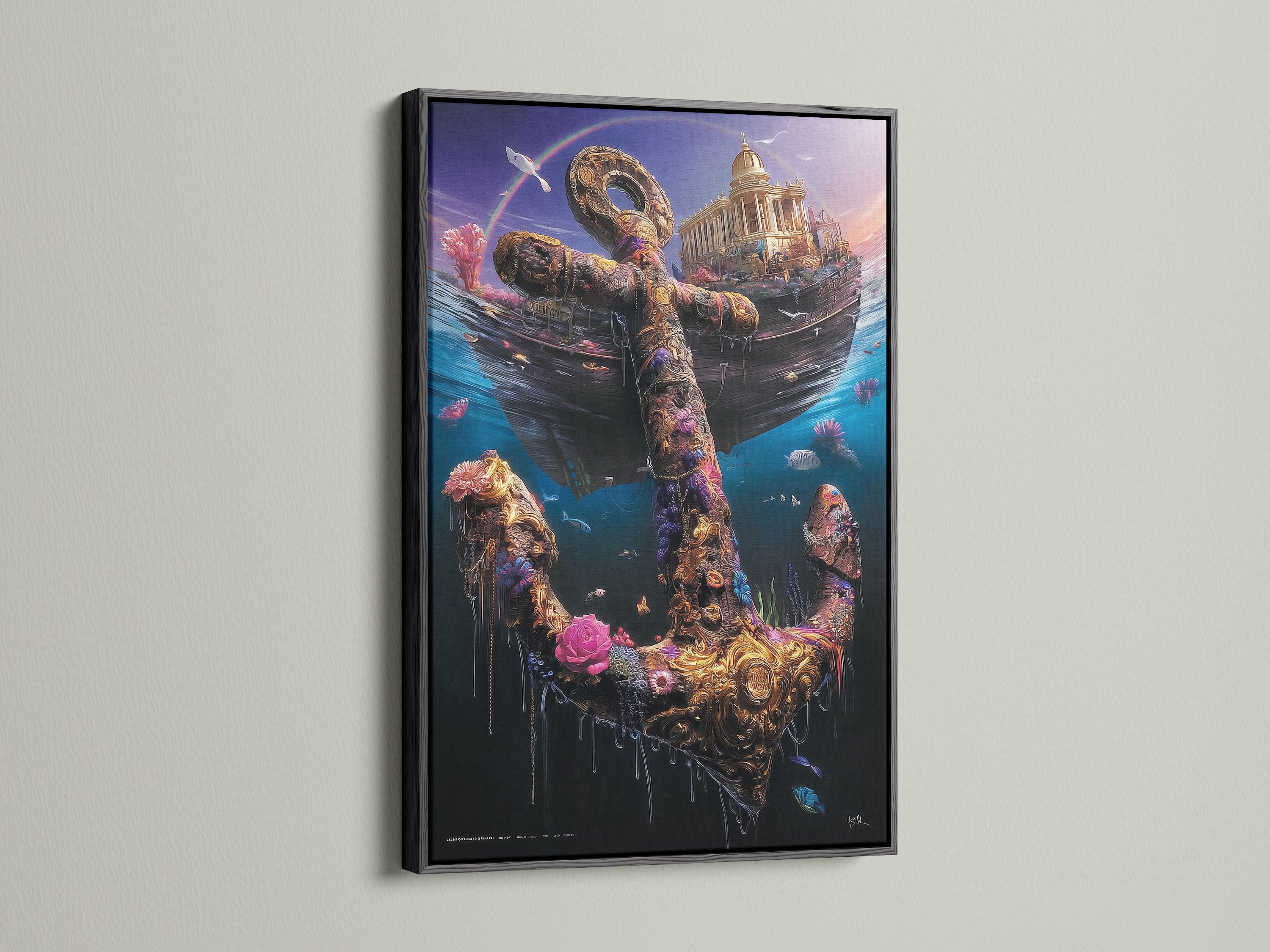 The underwater anchor artwork looks stunning in a black frame. The nautical print features a sunken ship and a golden anchor decorated with flowers and sea life. This ocean canvas art provides a bold and sophisticated statement. This anchor wall art is eye-catching.