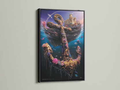 The underwater anchor artwork looks stunning in a black frame. The nautical print features a sunken ship and a golden anchor decorated with flowers and sea life. This ocean canvas art provides a bold and sophisticated statement. This anchor wall art is eye-catching.