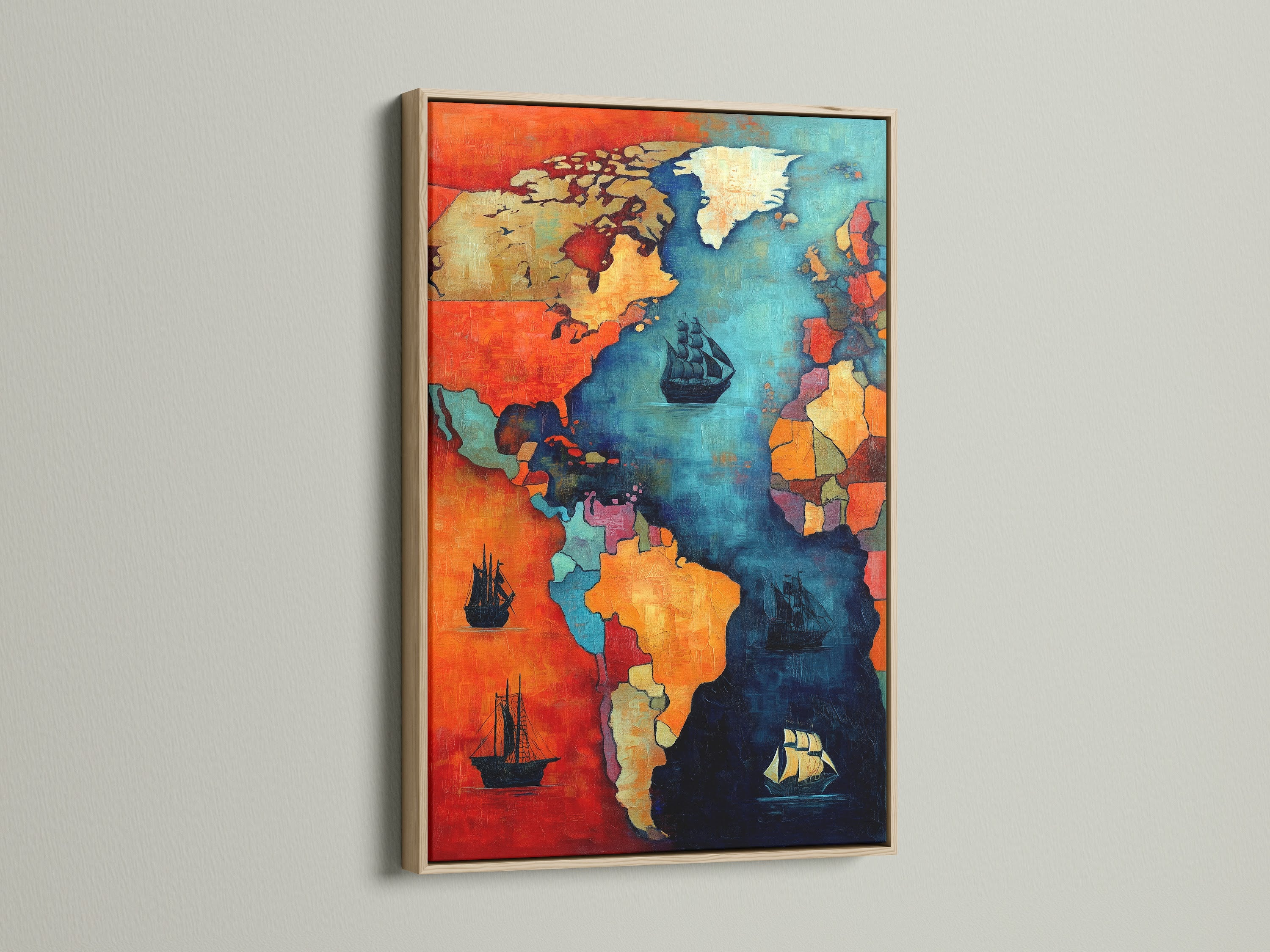 This is a vintage world map artwork in an oak frame. The nautical chart wall art features teal and coral colors. The artwork is perfect for study decor. It makes a thoughtful gift for travelers and map lovers. Enhance your space with this unique piece.