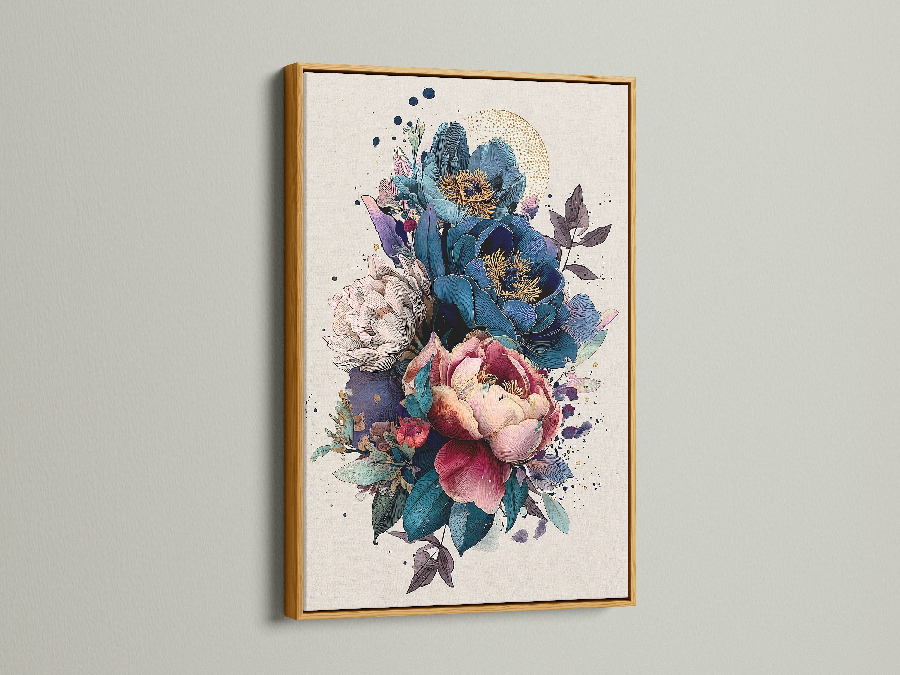 Vintage Floral Art Print - Blue Pink Peony Botanical Wall Art, Modern Home Decor, Living Room Bedroom Art, Nature Illustration