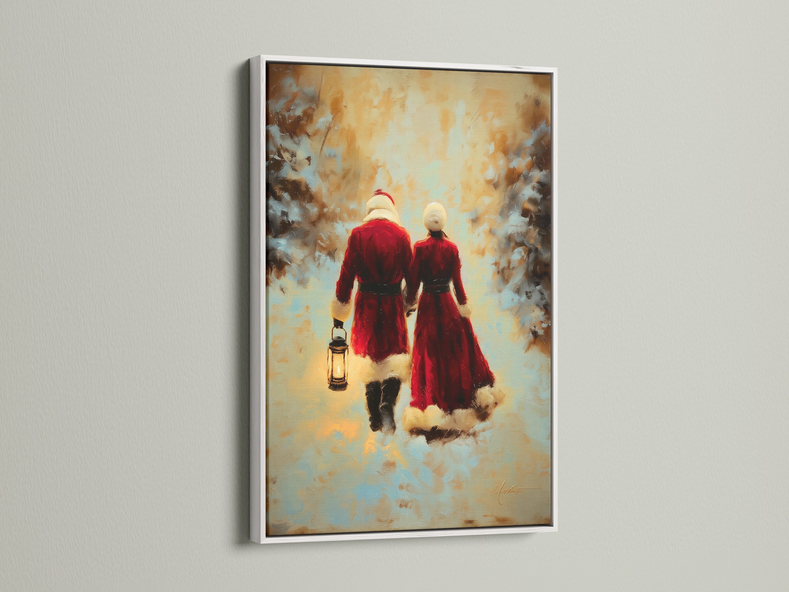Discover the charm of our white framed artwork. This festive wall decor features a winter couple art piece. The white frame enhances the vintage artwork. Shop now for seasonal prints.