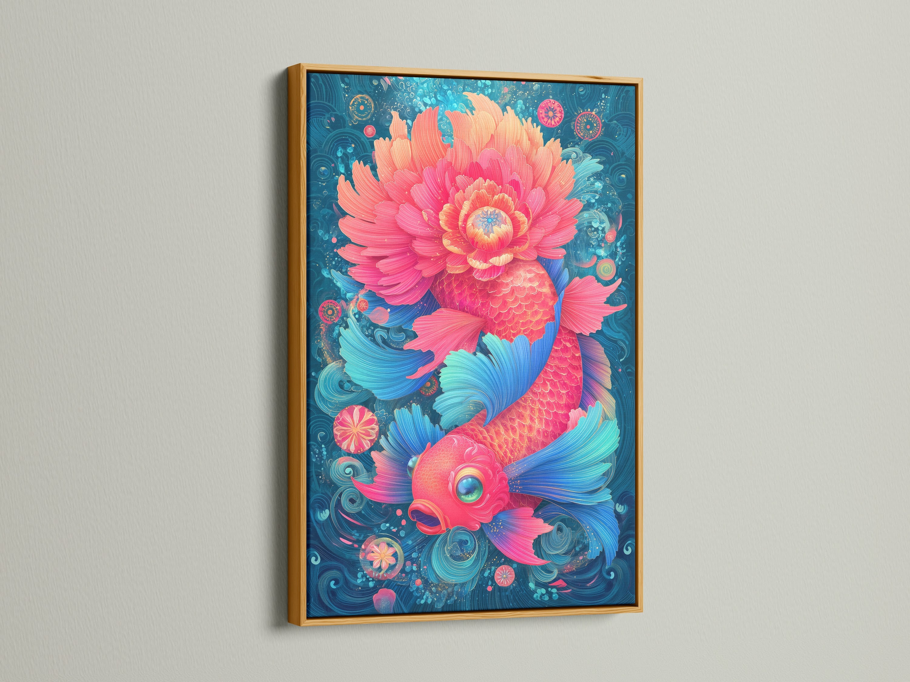 This image features a gold frame with koi fish artwork. The gold frame adds luxury to the modern Asian art. The artwork includes a pink fish floral accents and teal details. This print will elevate any interior space.