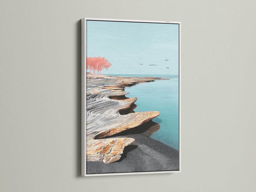 This image features a coastal seascape artwork with a white frame. The artwork captures an abstract shoreline scene. Its modern minimalist style enhances any space. The white frame provides a clean and fresh look. Perfect for adding a serene touch to your bedroom or office space.