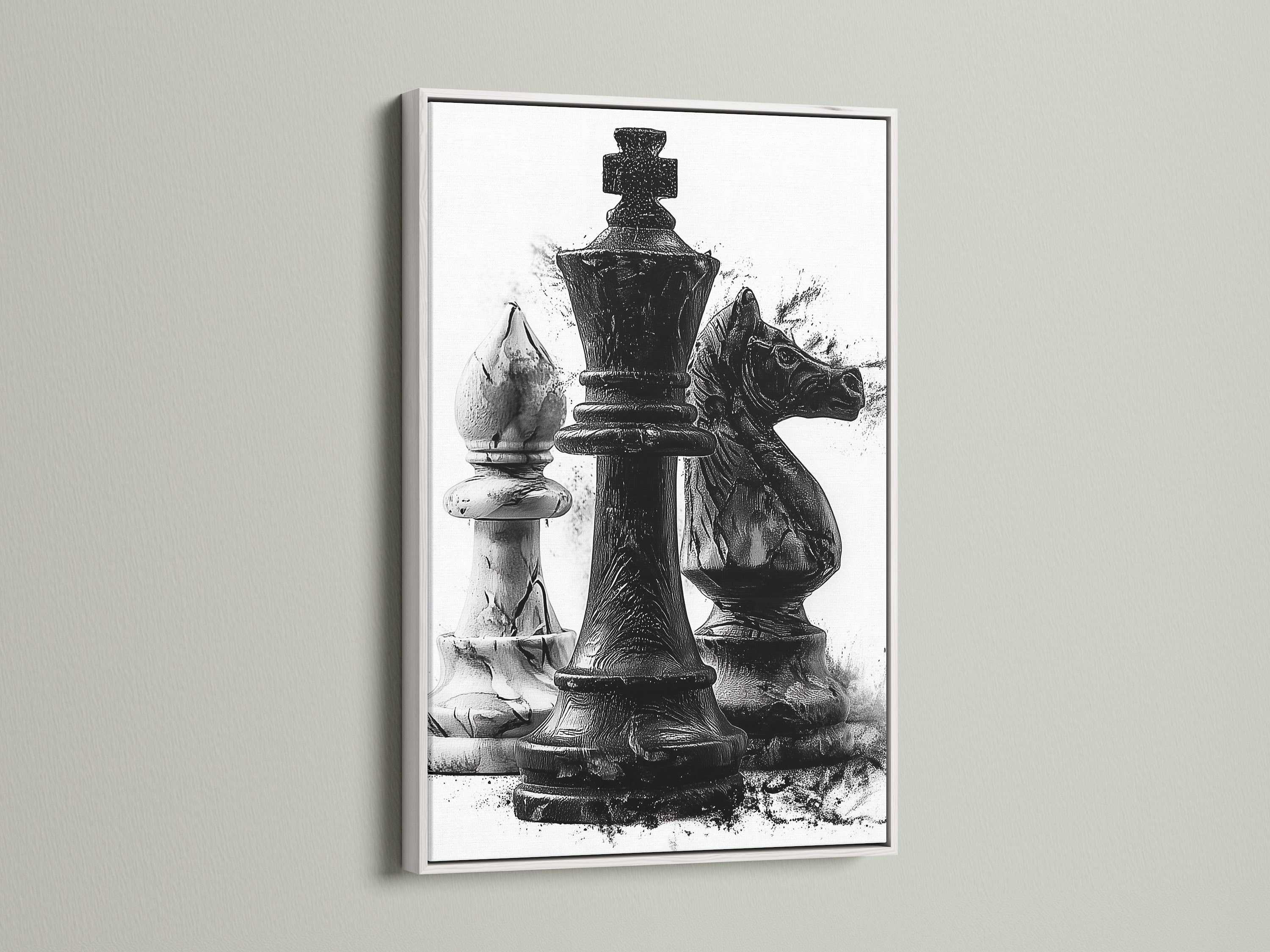 White frame artwork featuring chess pieces displayed on a wall. The lighting highlights the artwork's details. It is ideal for a game room or office. A chic addition to any interior. Transform your space with this stunning artwork. It is a modern and sophisticated choice.