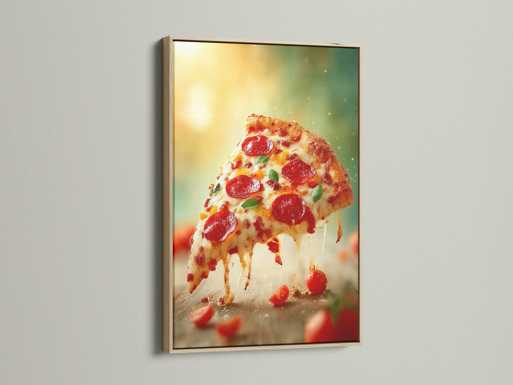 A delicious pizza artwork print is framed in oak. The warm tones of the oak enhance the vibrant colors of the food photography. Perfect for adding a cozy touch to your kitchen or dining room. This Italian-themed art celebrates the joy of food.