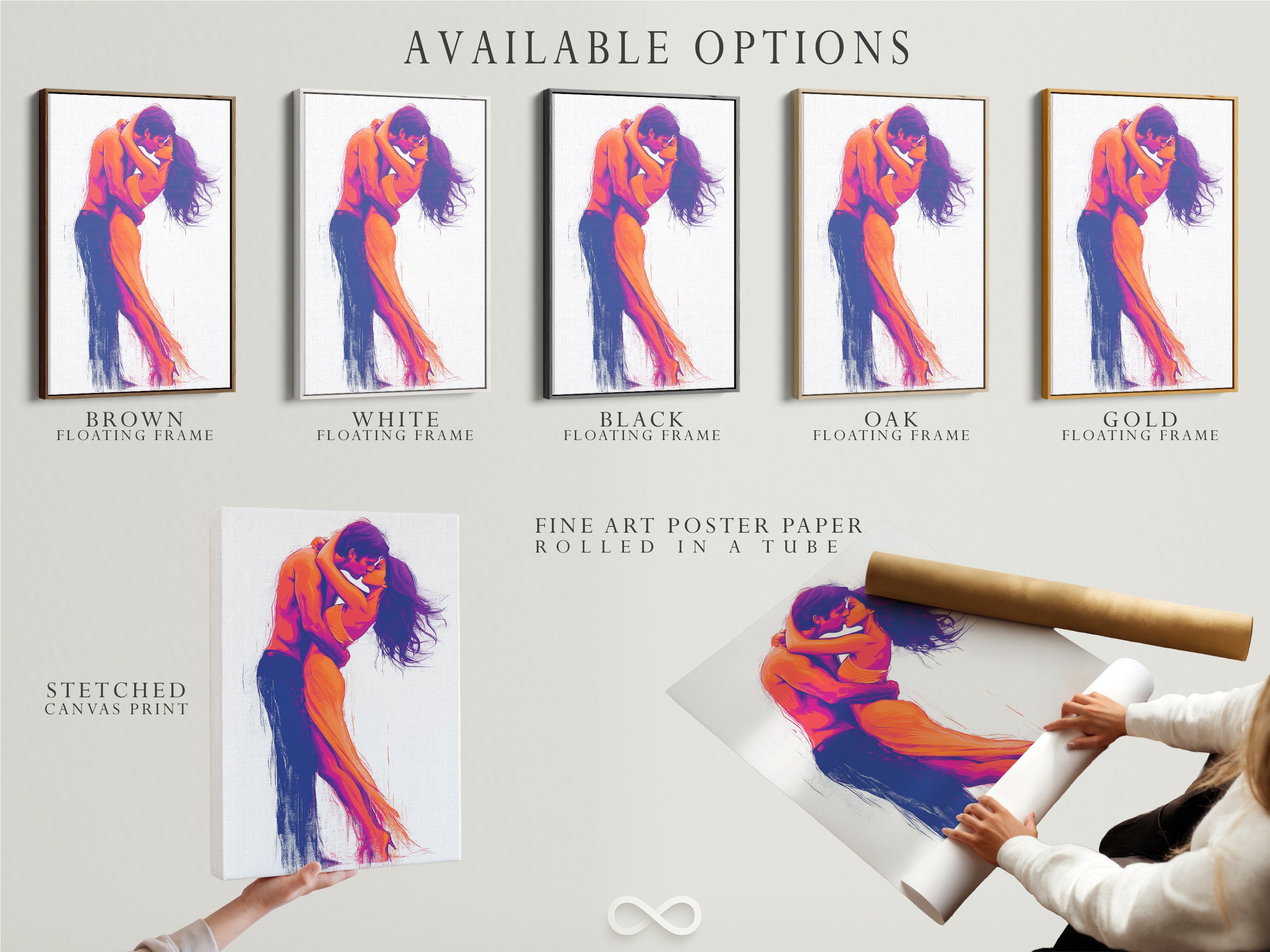 Available options for the Passionate Embrace artwork include a stretched canvas print fine art poster paper and floating frame. Select the perfect option to match your style. Enhance your bedroom art with these choices.