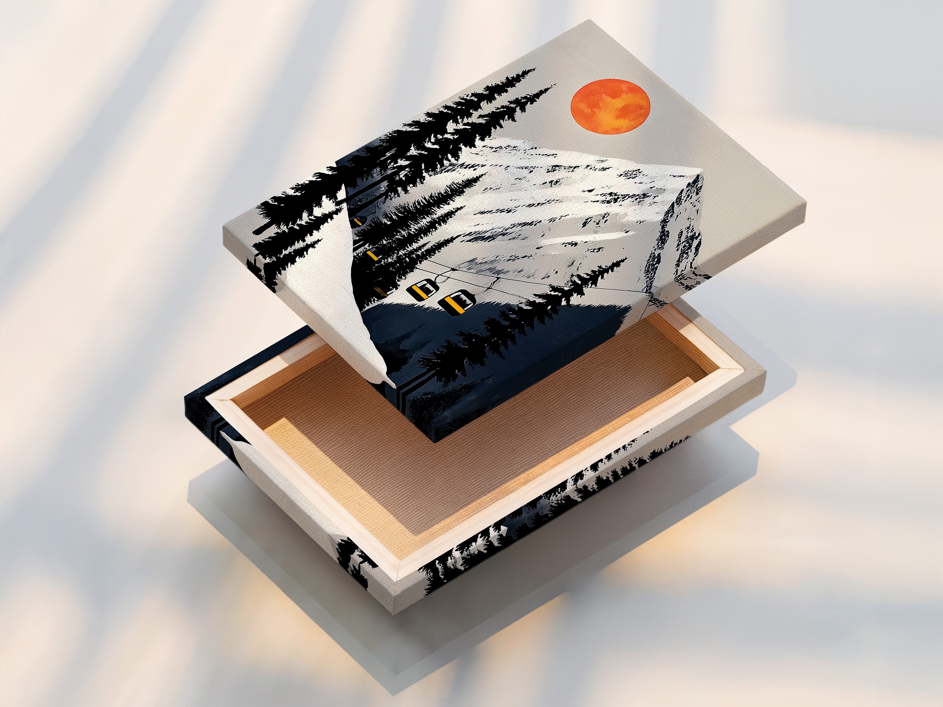 Stretched canvas print of the mountain ski lift artwork. This ready to hang canvas adds texture. This alpine wall art is perfect for any space. The winter sports art is vibrant and detailed. Elevate your decor with this stunning canvas.