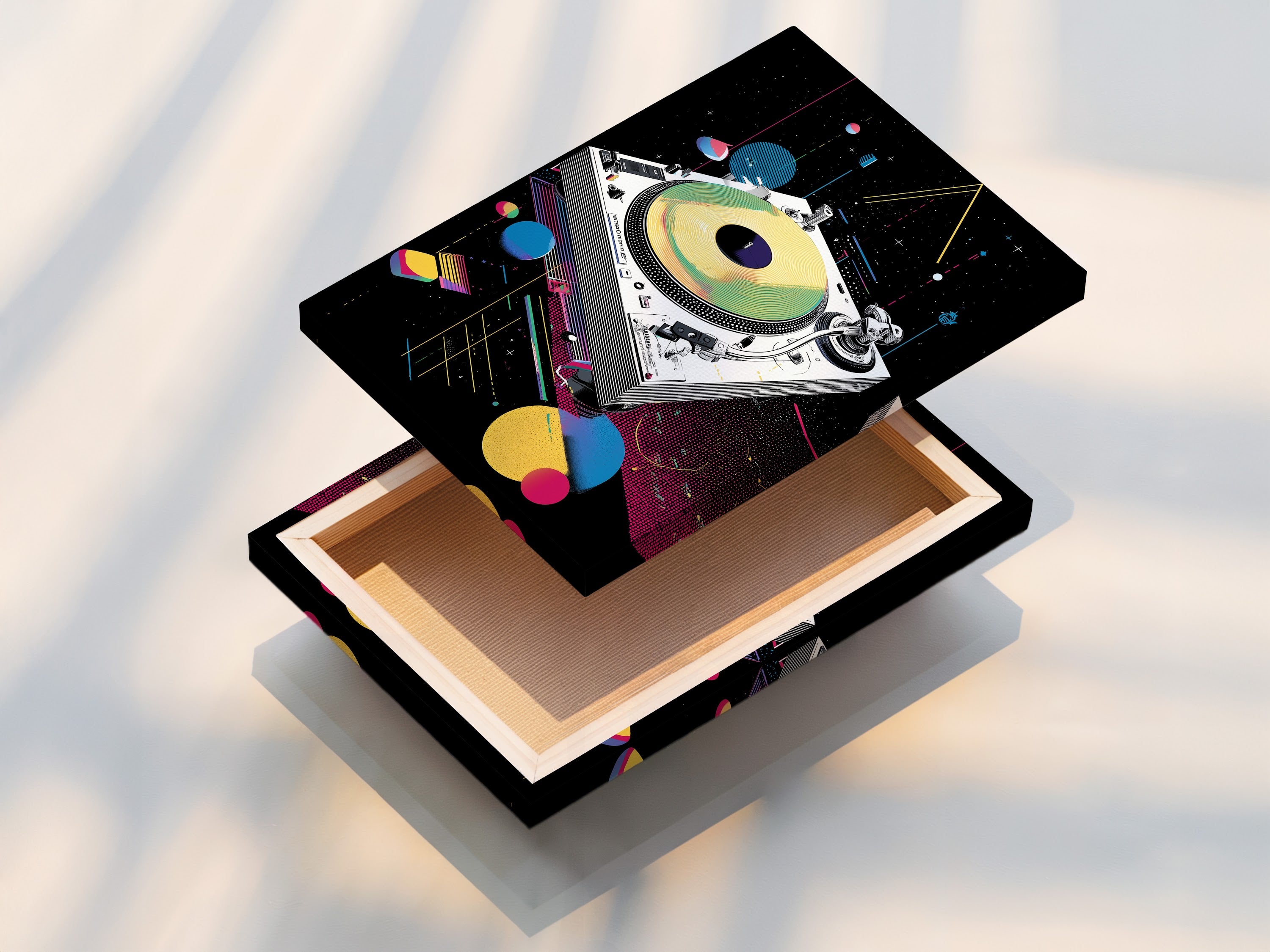 Stretched canvas print of retro turntable art. The synthwave music wall art brings vaporwave DJ decor to your space. Great for studios or home theaters. Enjoy this unique and eye-catching wall decor.