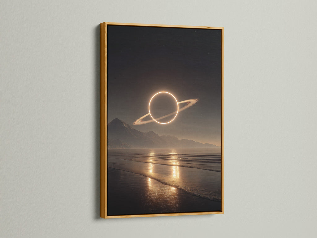 Artwork displayed in a luxurious gold frame. The art features a planet over a serene beach at night. The gold frame exudes opulence. It adds a touch of glamour to the piece. This frame elevates the artwork's presence.