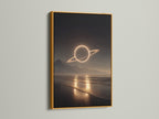 Artwork displayed in a luxurious gold frame. The art features a planet over a serene beach at night. The gold frame exudes opulence. It adds a touch of glamour to the piece. This frame elevates the artwork's presence.