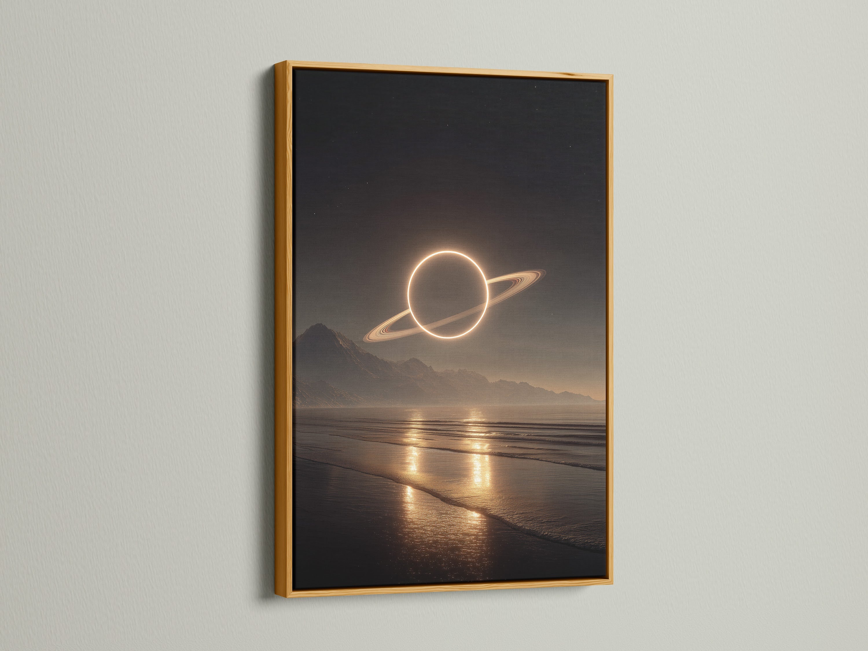 Artwork displayed in a luxurious gold frame. The art features a planet over a serene beach at night. The gold frame exudes opulence. It adds a touch of glamour to the piece. This frame elevates the artwork's presence.