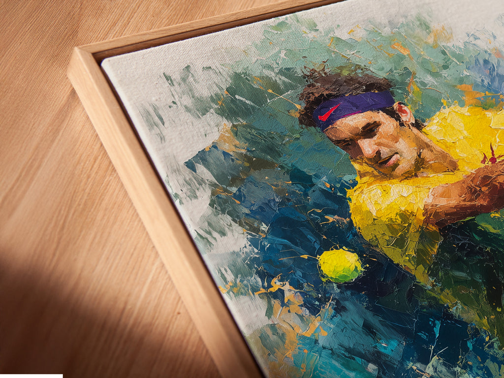 This is a close-up of a canvas print in a floating frame. The tennis player artwork uses watercolor techniques. The abstract sports art adds a modern touch. This sports canvas art is perfect for any game room. It's a great addition to any athletic-themed space.