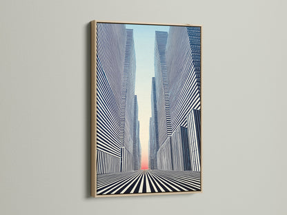 The Cityscape Optical Illusion artwork is showcased in an oak frame. This modern wall art piece adds an urban touch to any room. The black and white decor enhances minimalist spaces. Discover how this geometric canvas transforms your office or home.