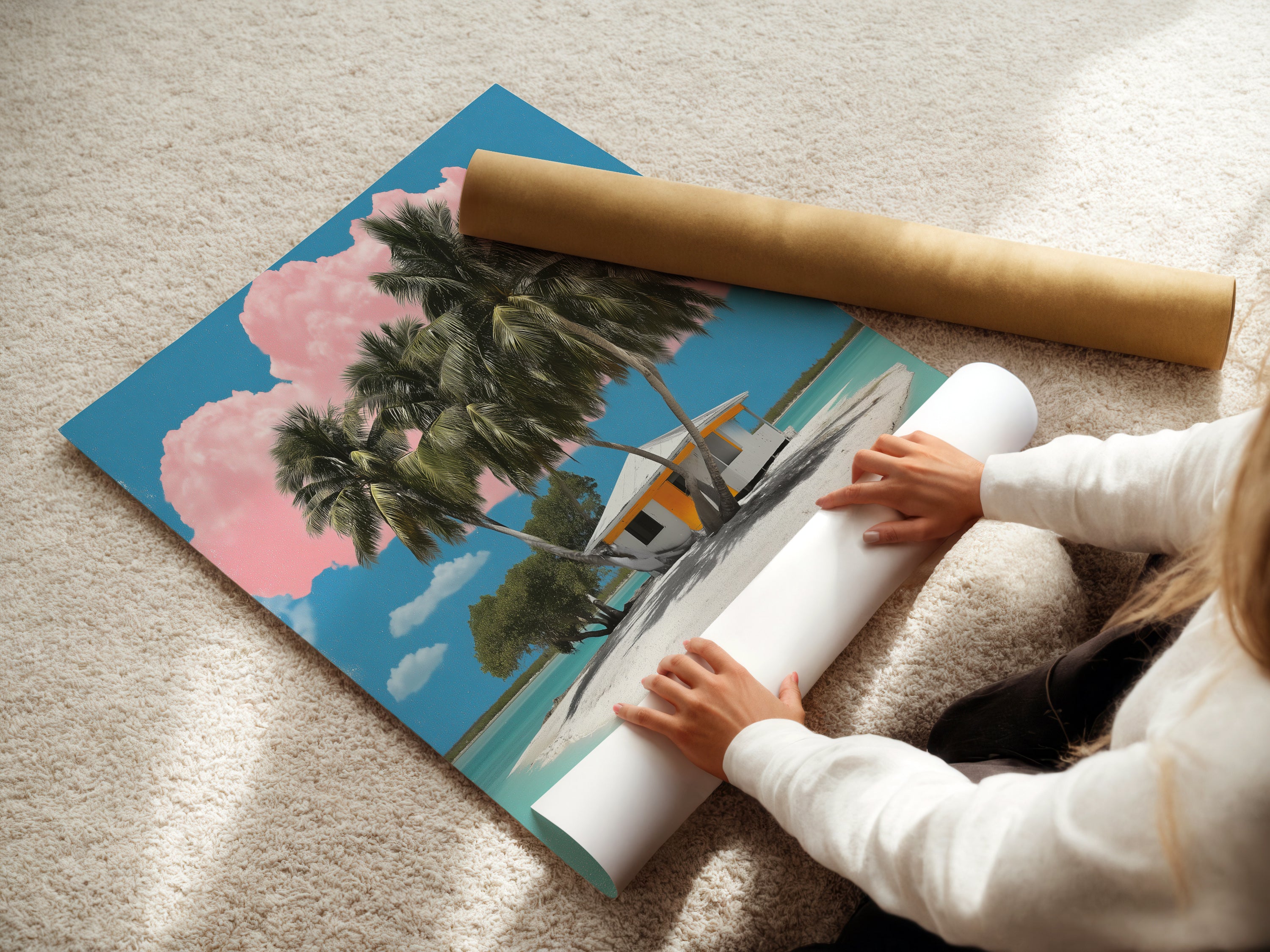 A woman carefully rolling a fine art poster paper. This highlights the delicate handling of our premium materials. Our fine art posters capture vibrant colors and intricate details. Perfect for bringing coastal artwork into your space with elegance.
